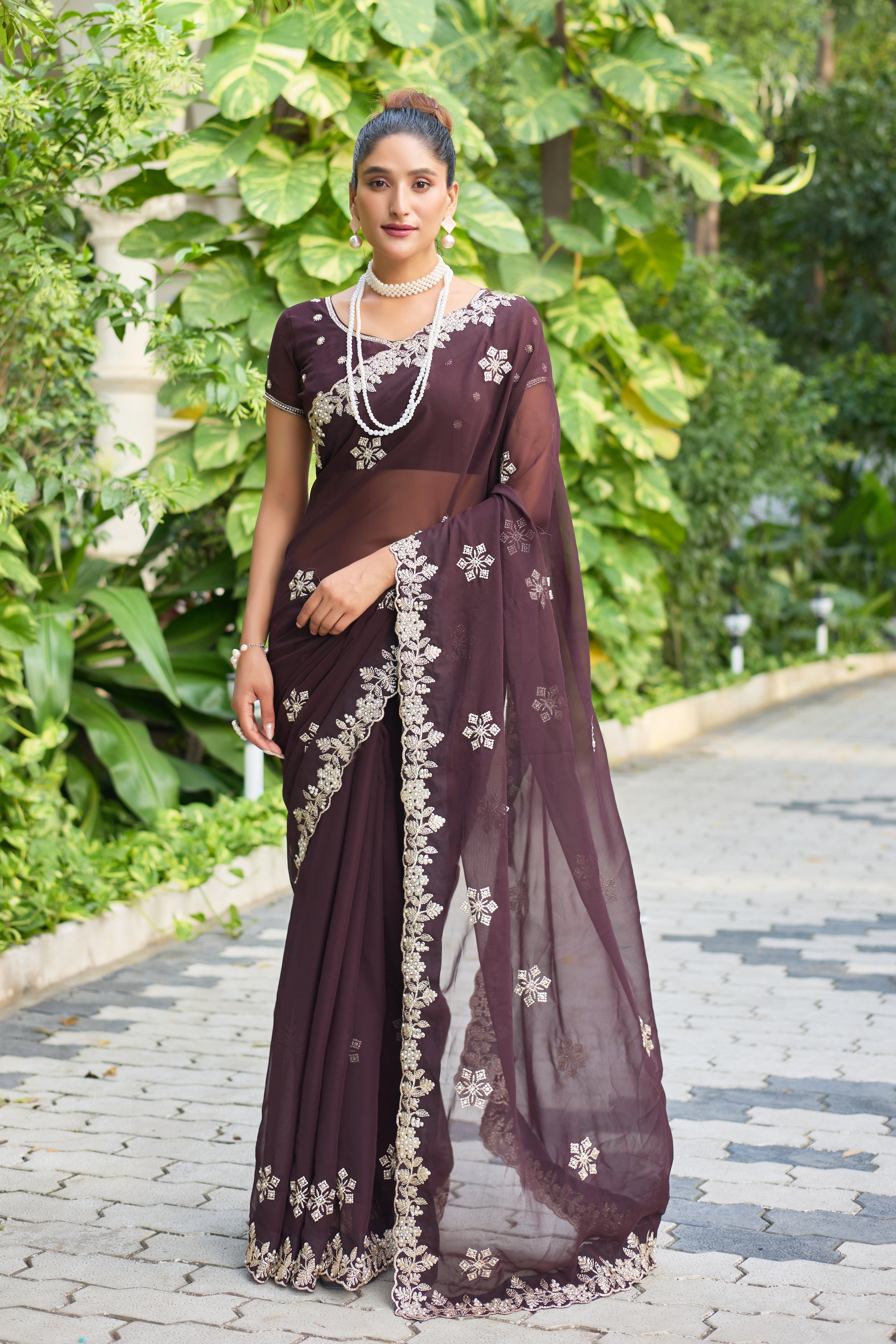 Crimson Blossom Georgette Saree with White Floral Embroidery