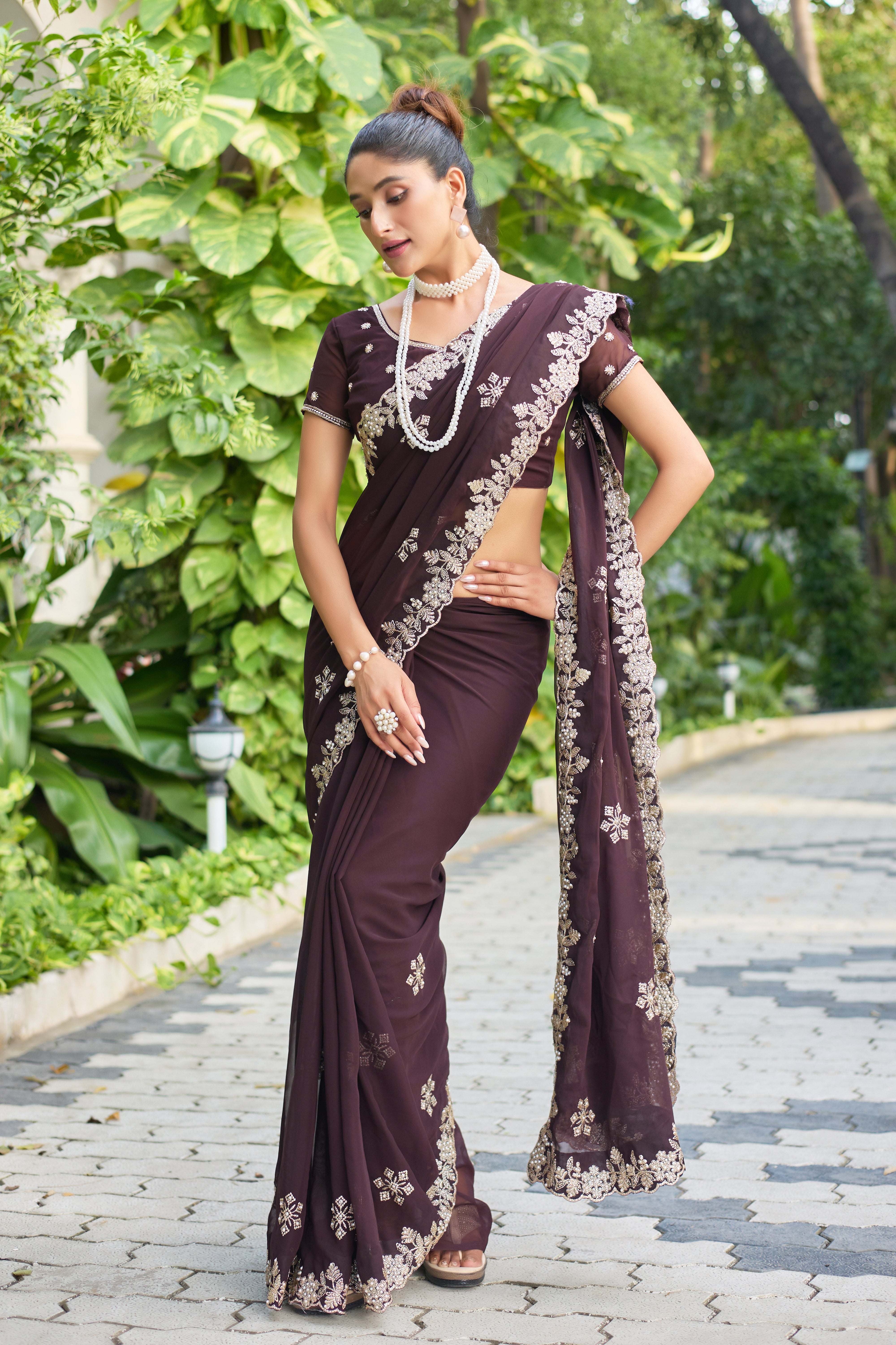Crimson Blossom Georgette Saree with White Floral Embroidery