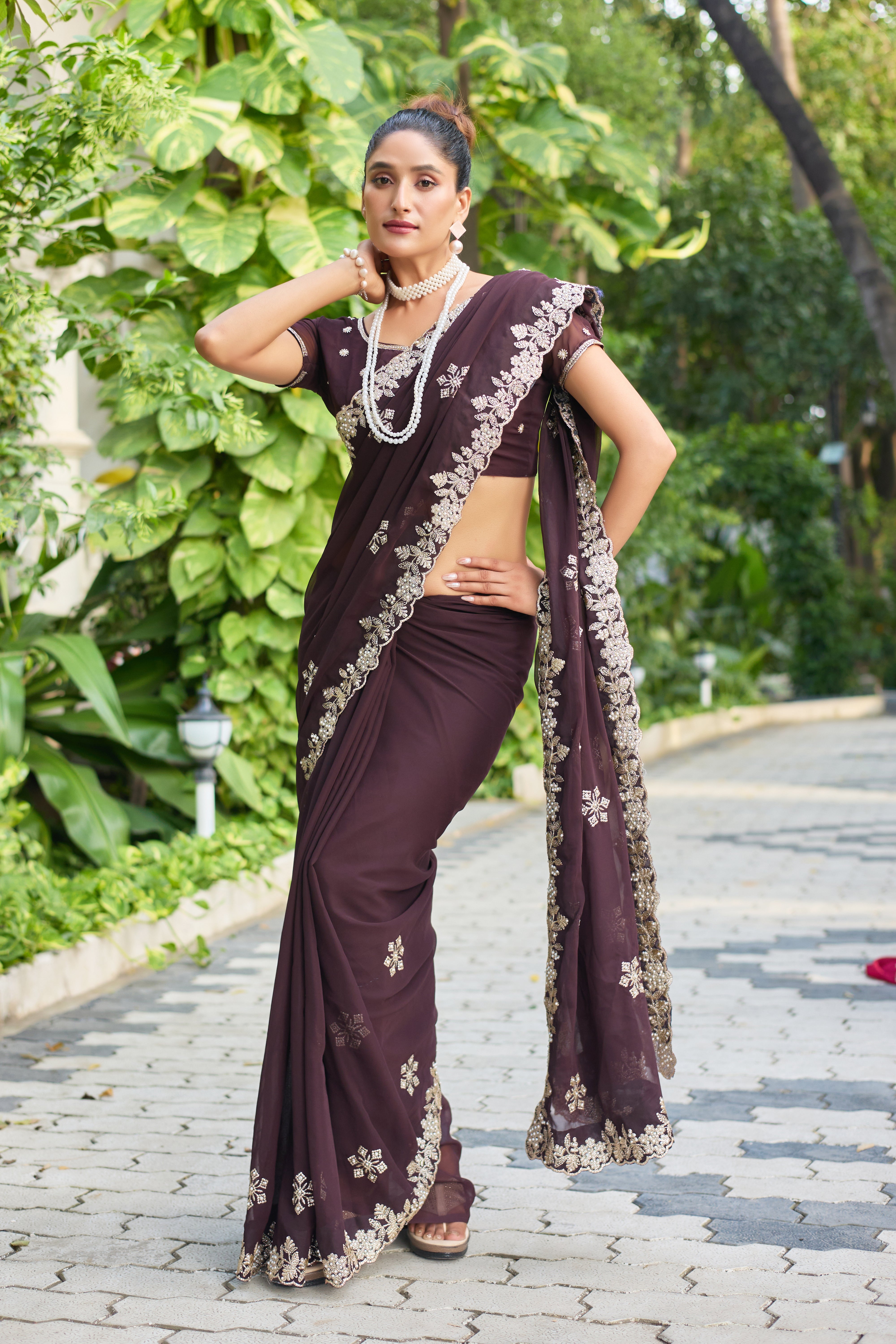 Crimson Blossom Georgette Saree with White Floral Embroidery