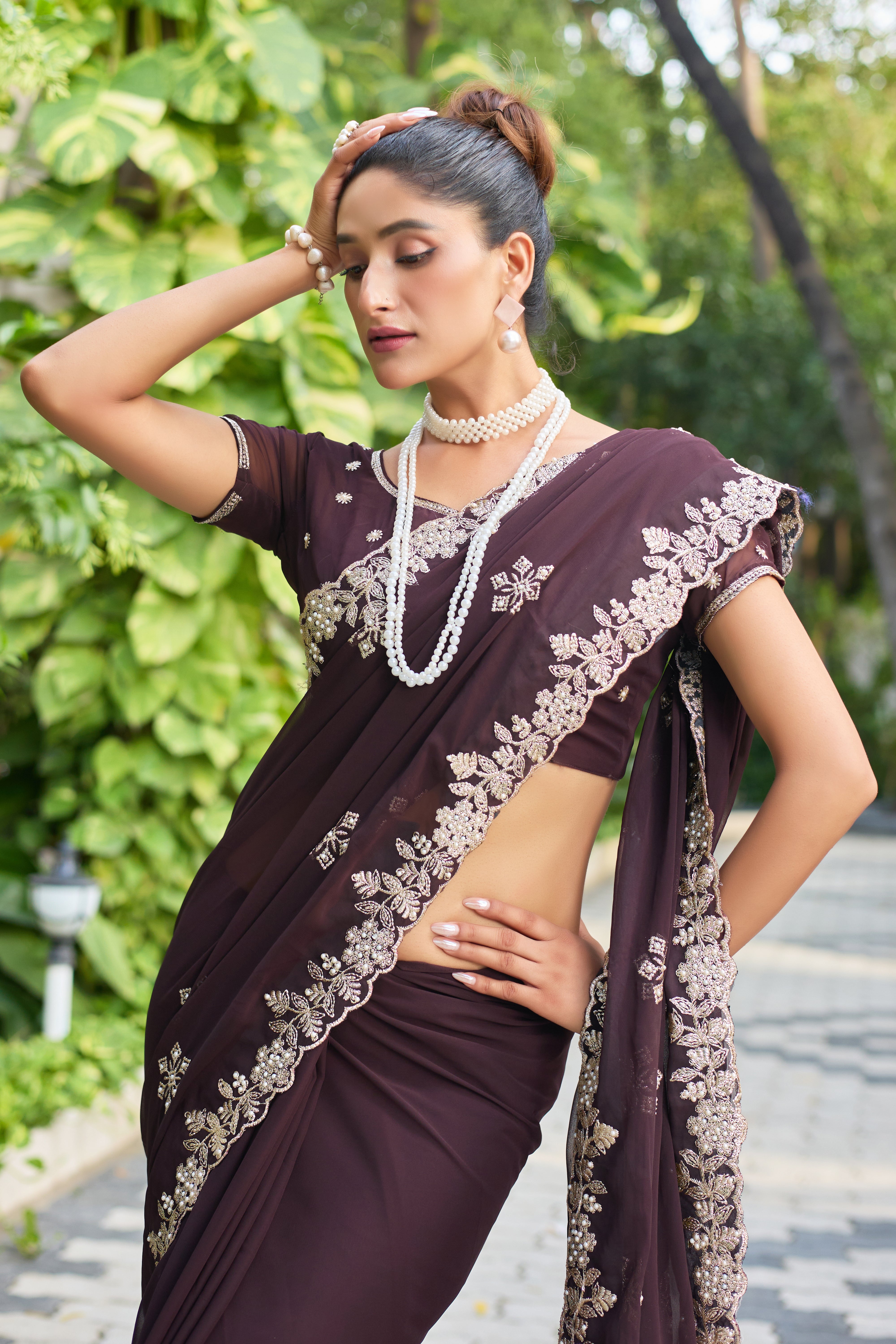 Crimson Blossom Georgette Saree with White Floral Embroidery