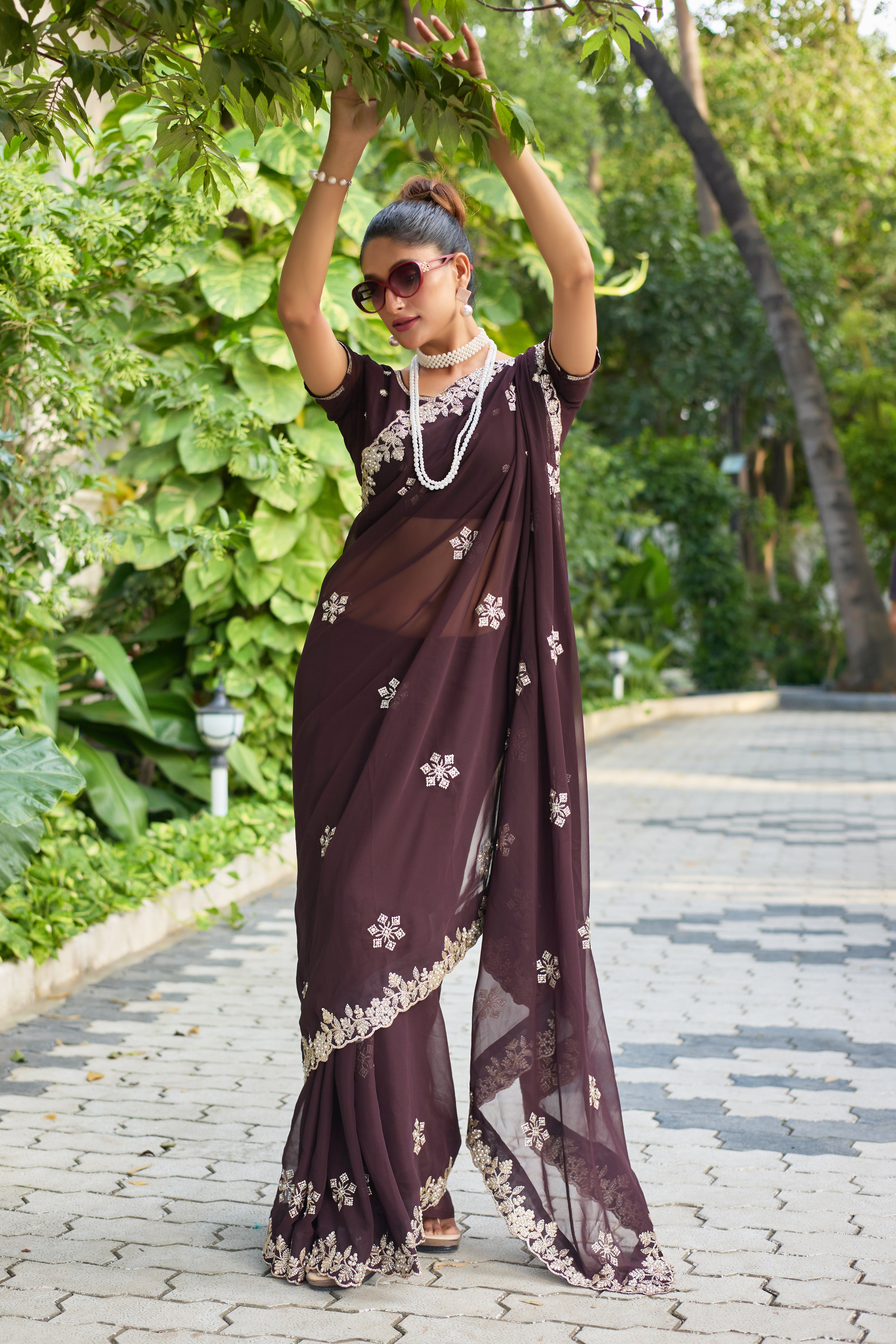 Crimson Blossom Georgette Saree with White Floral Embroidery