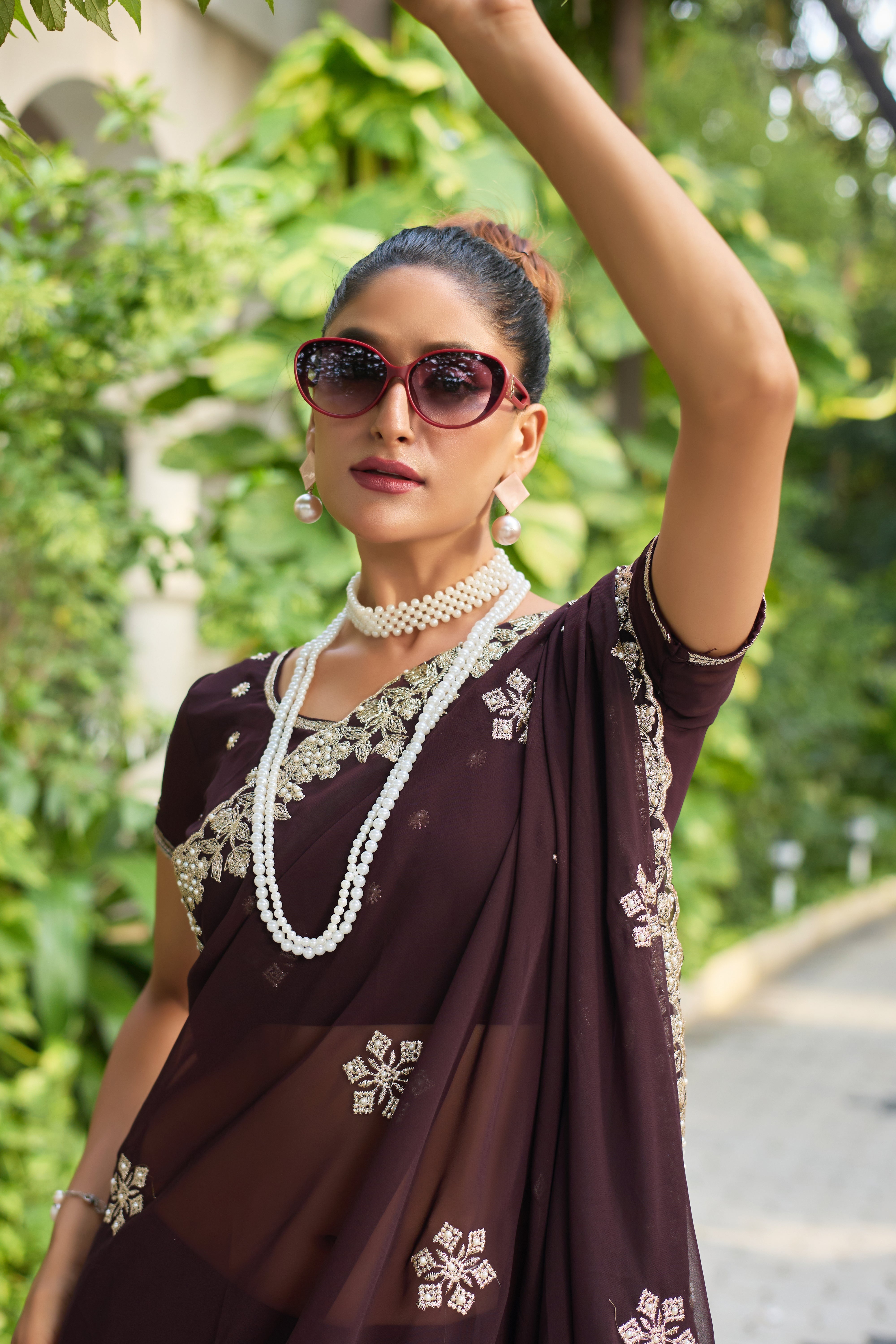 Crimson Blossom Georgette Saree with White Floral Embroidery