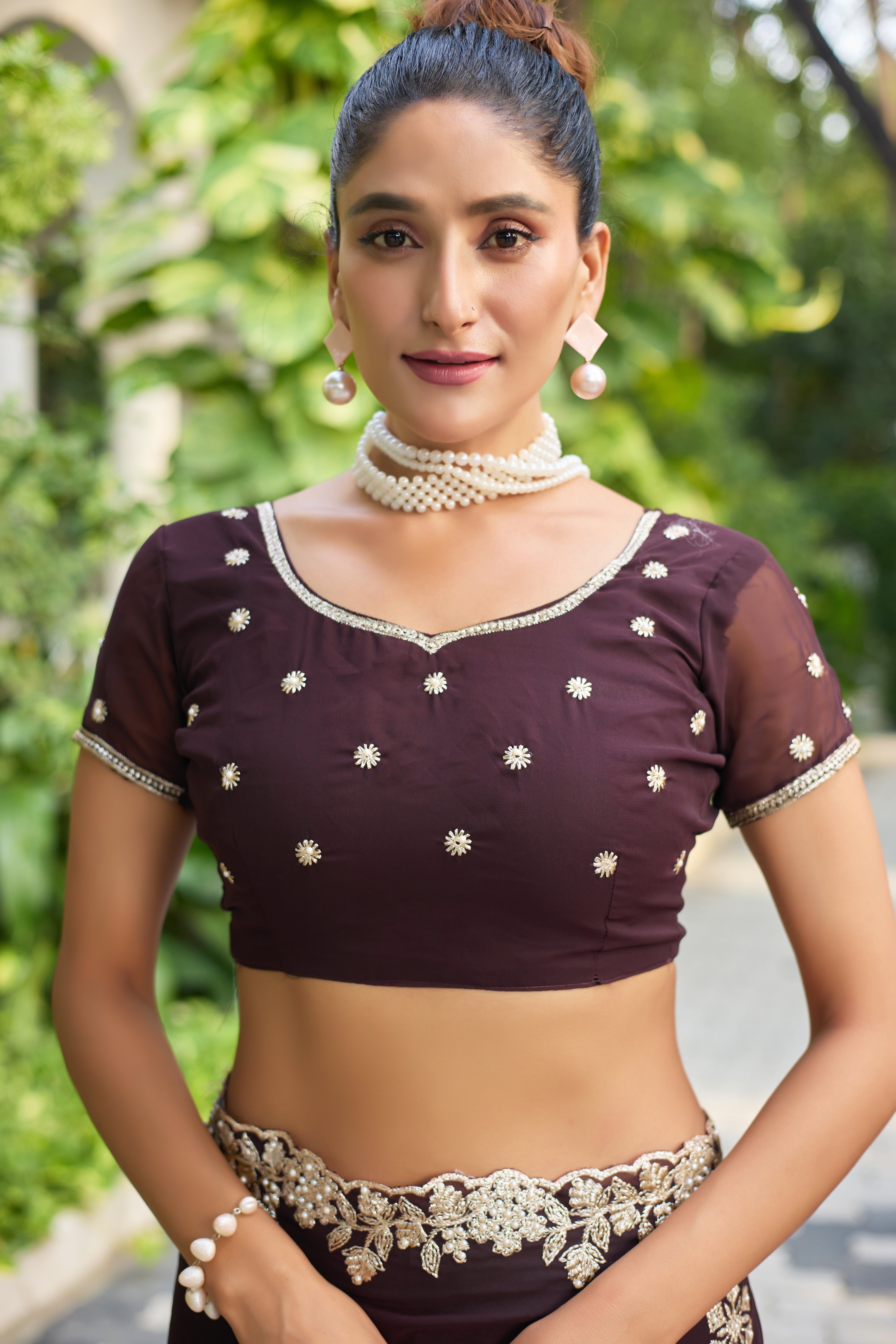 Crimson Blossom Georgette Saree with White Floral Embroidery