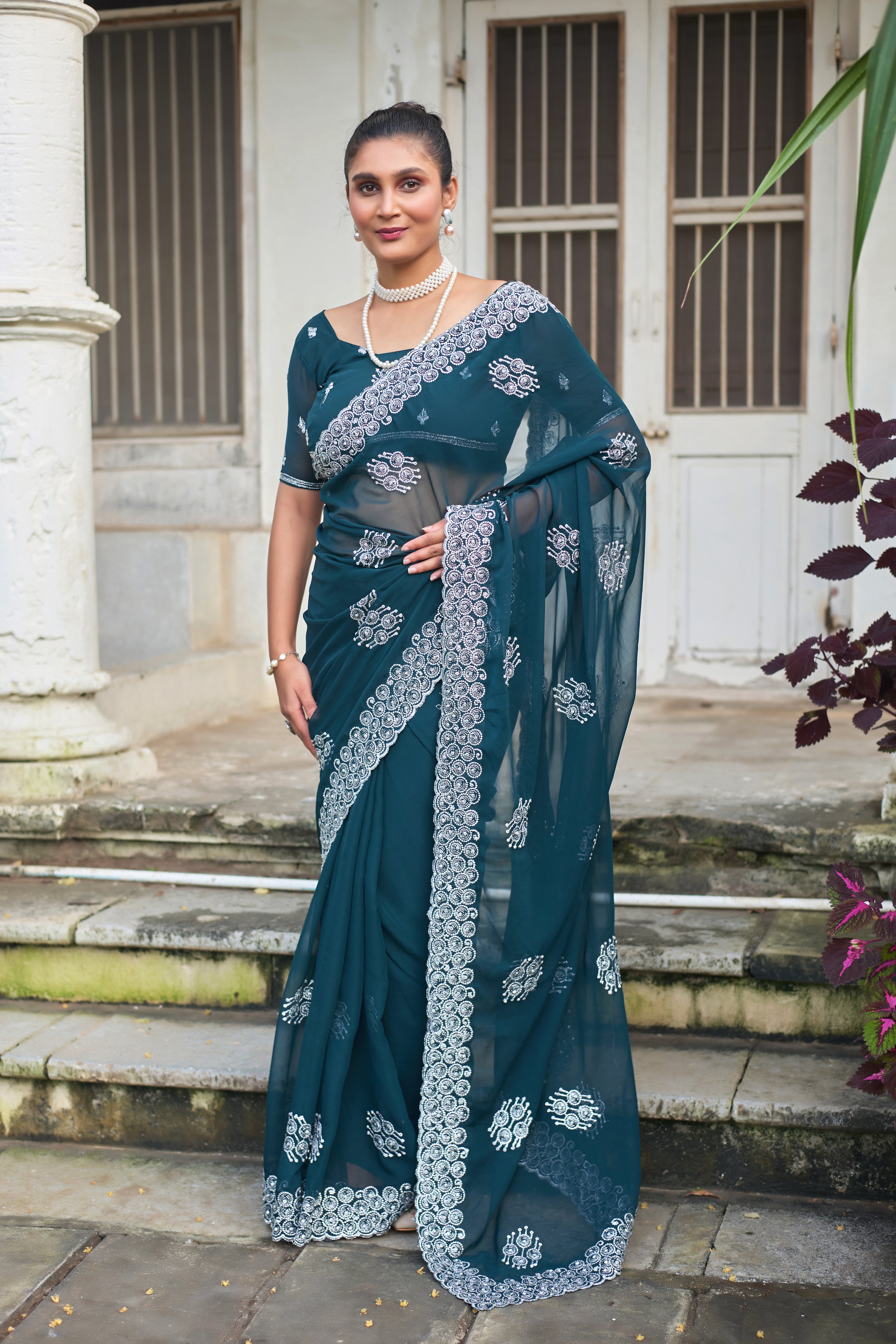 Royal Sapphire Blue Georgette Saree with Silver Embroidered Border