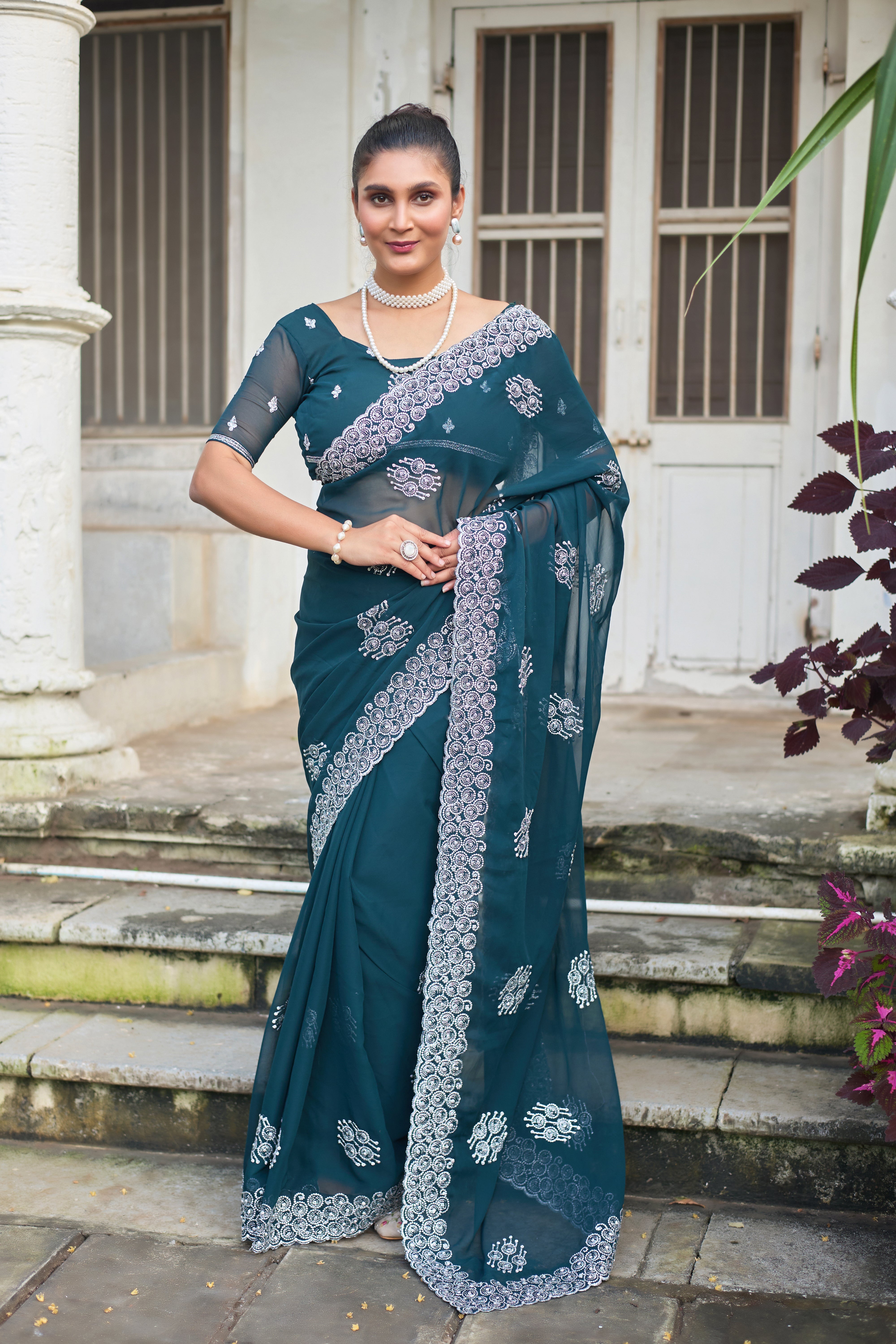 Royal Sapphire Blue Georgette Saree with Silver Embroidered Border