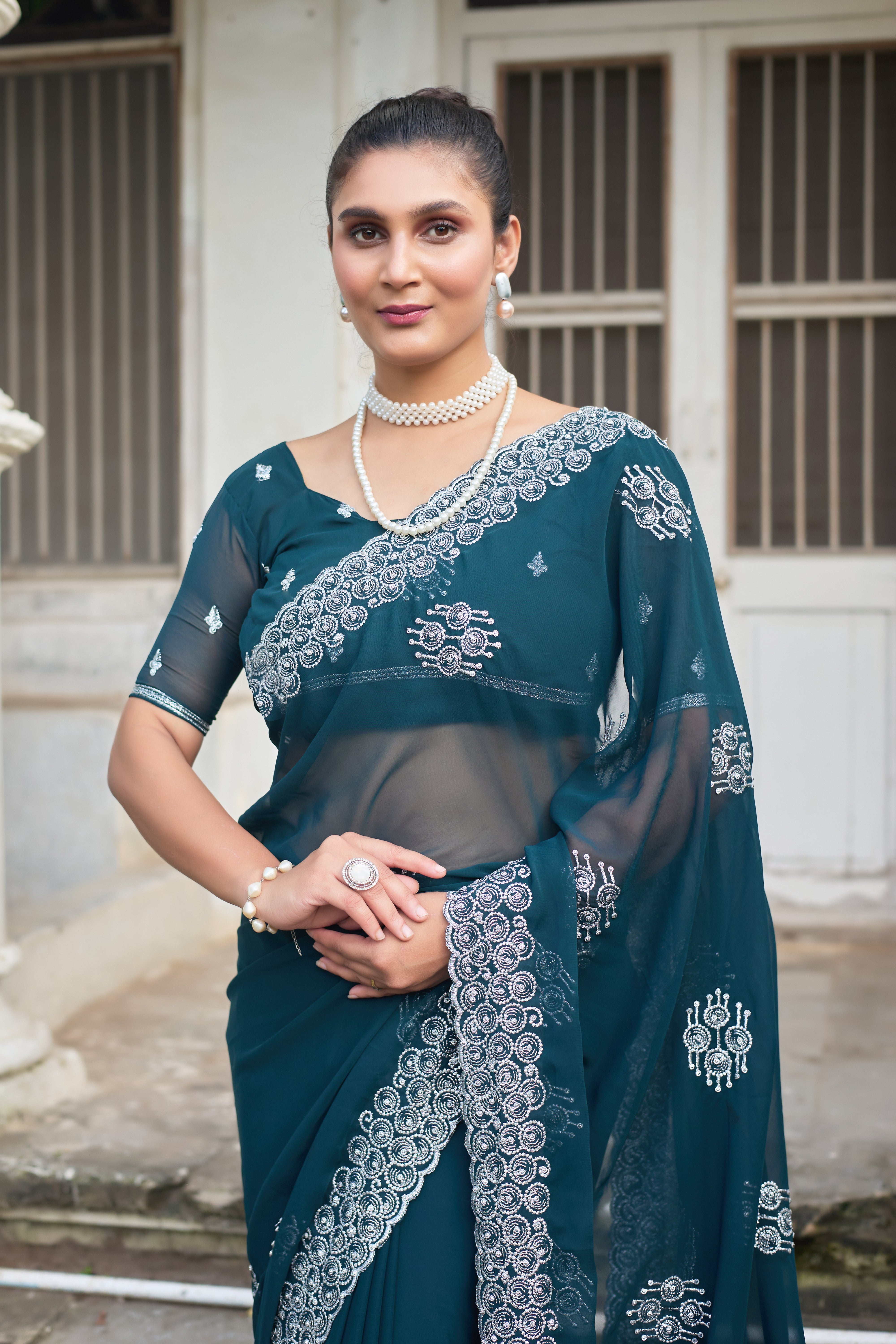 Royal Sapphire Blue Georgette Saree with Silver Embroidered Border