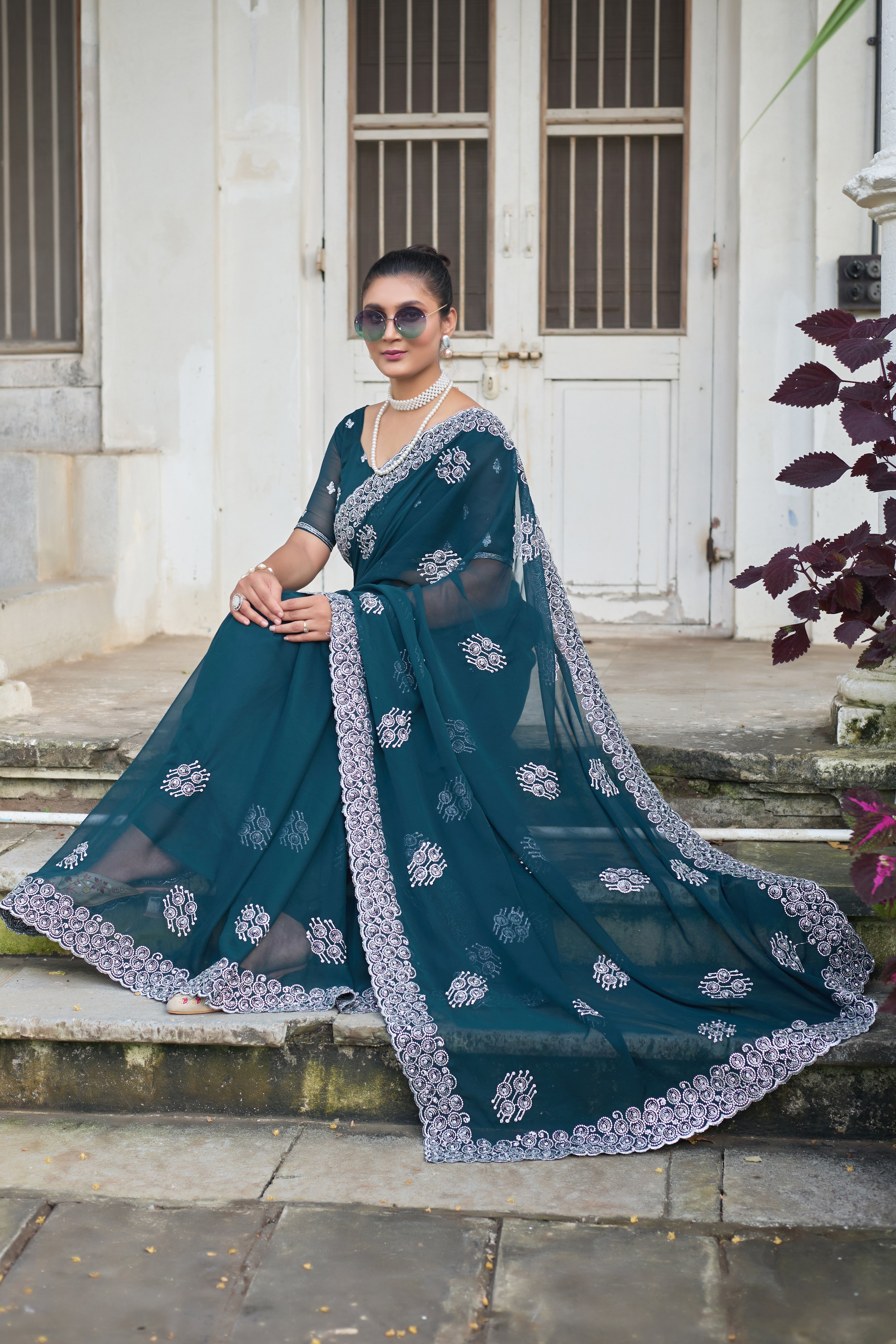 Royal Sapphire Blue Georgette Saree with Silver Embroidered Border