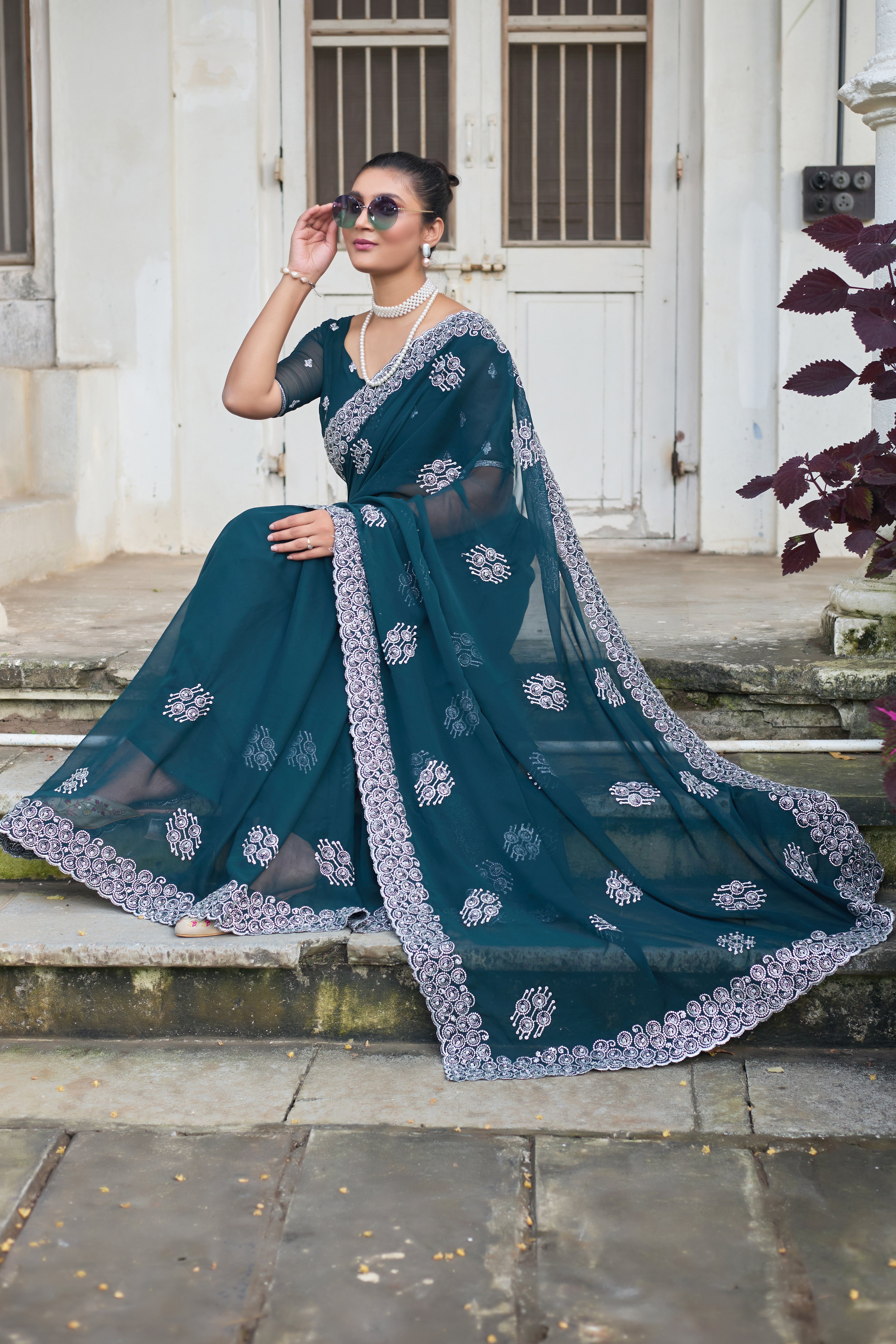 Royal Sapphire Blue Georgette Saree with Silver Embroidered Border