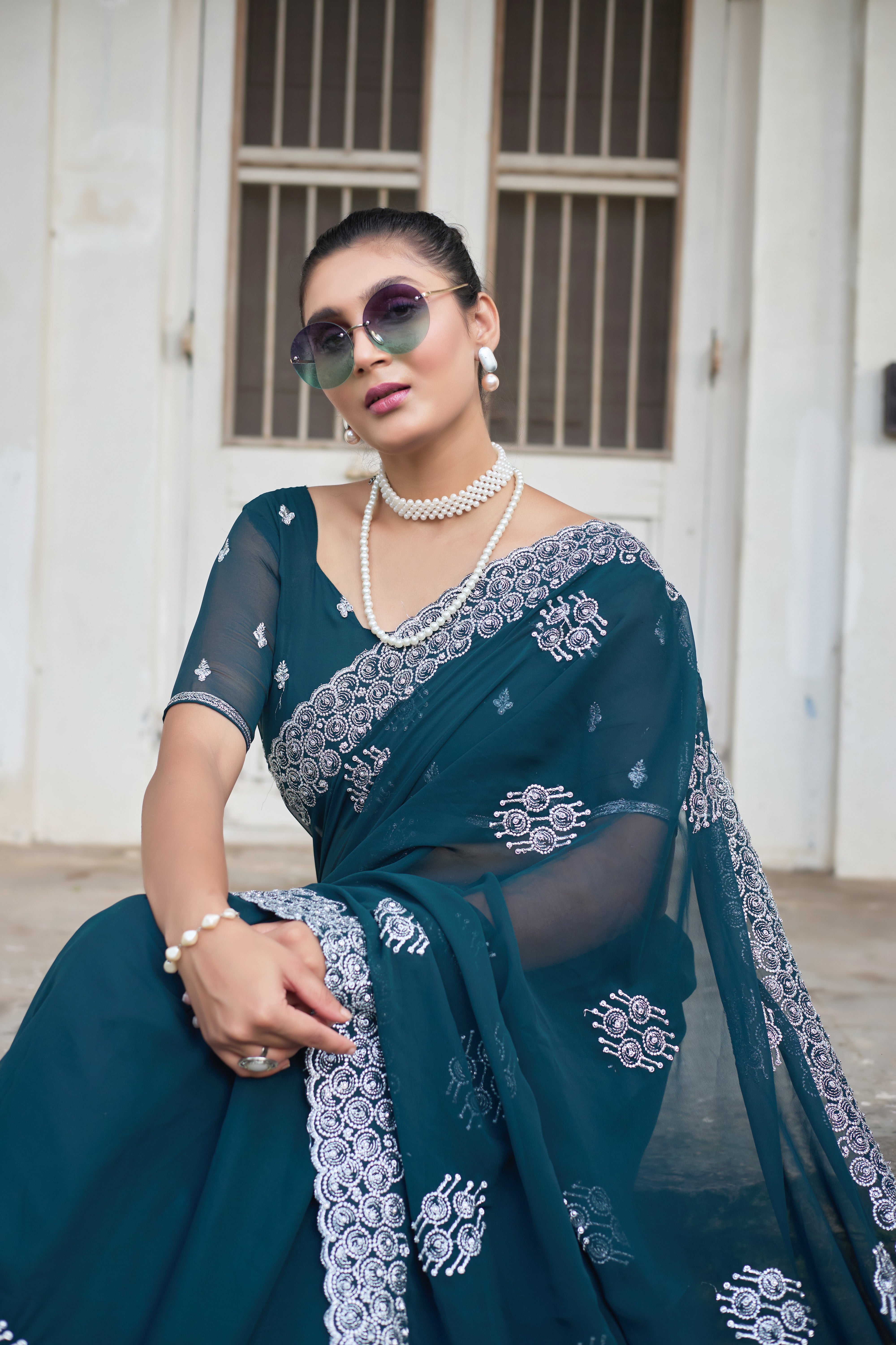 Royal Sapphire Blue Georgette Saree with Silver Embroidered Border