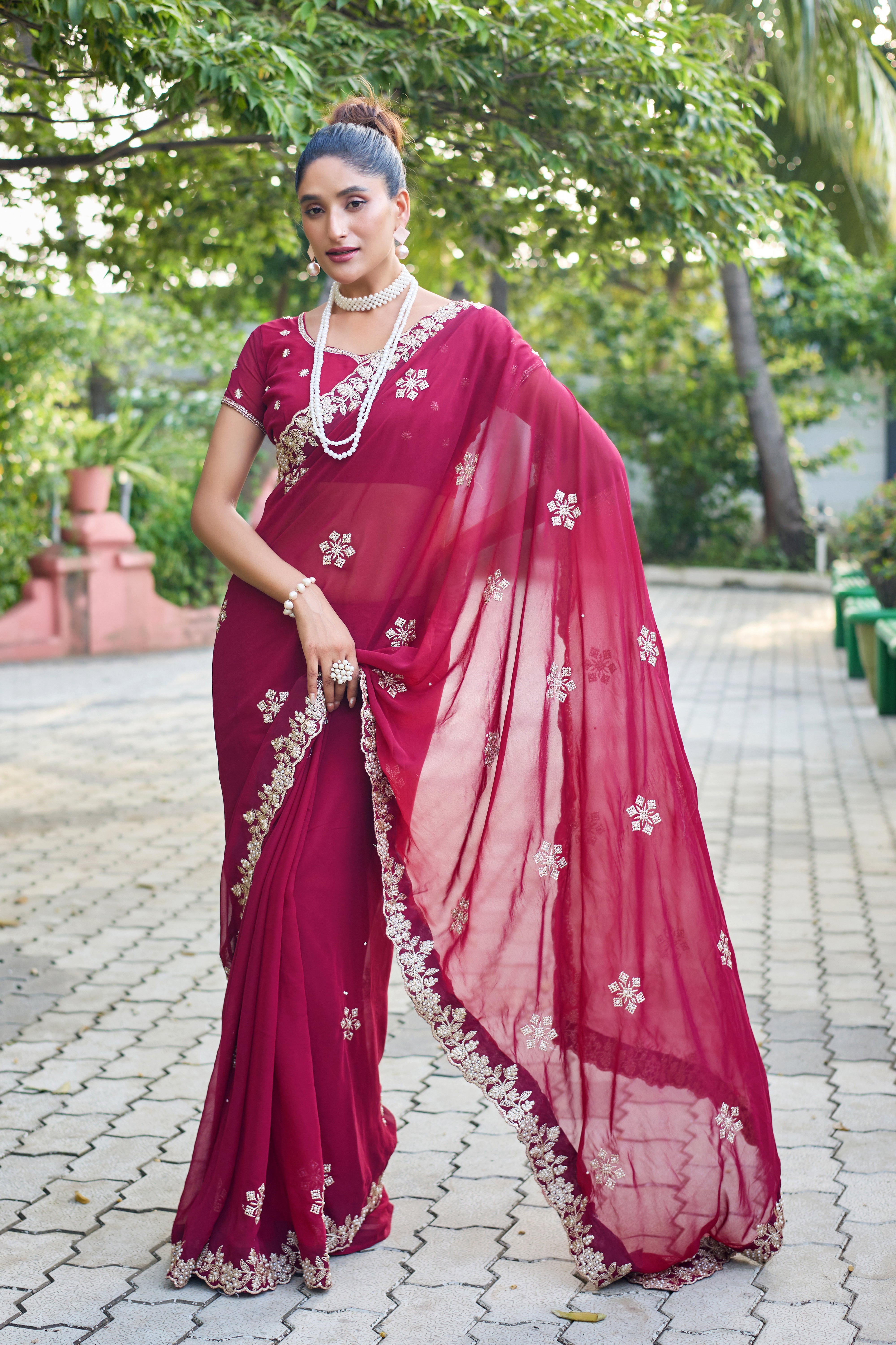Crimson Blossom Georgette Saree with White Floral Embroidery