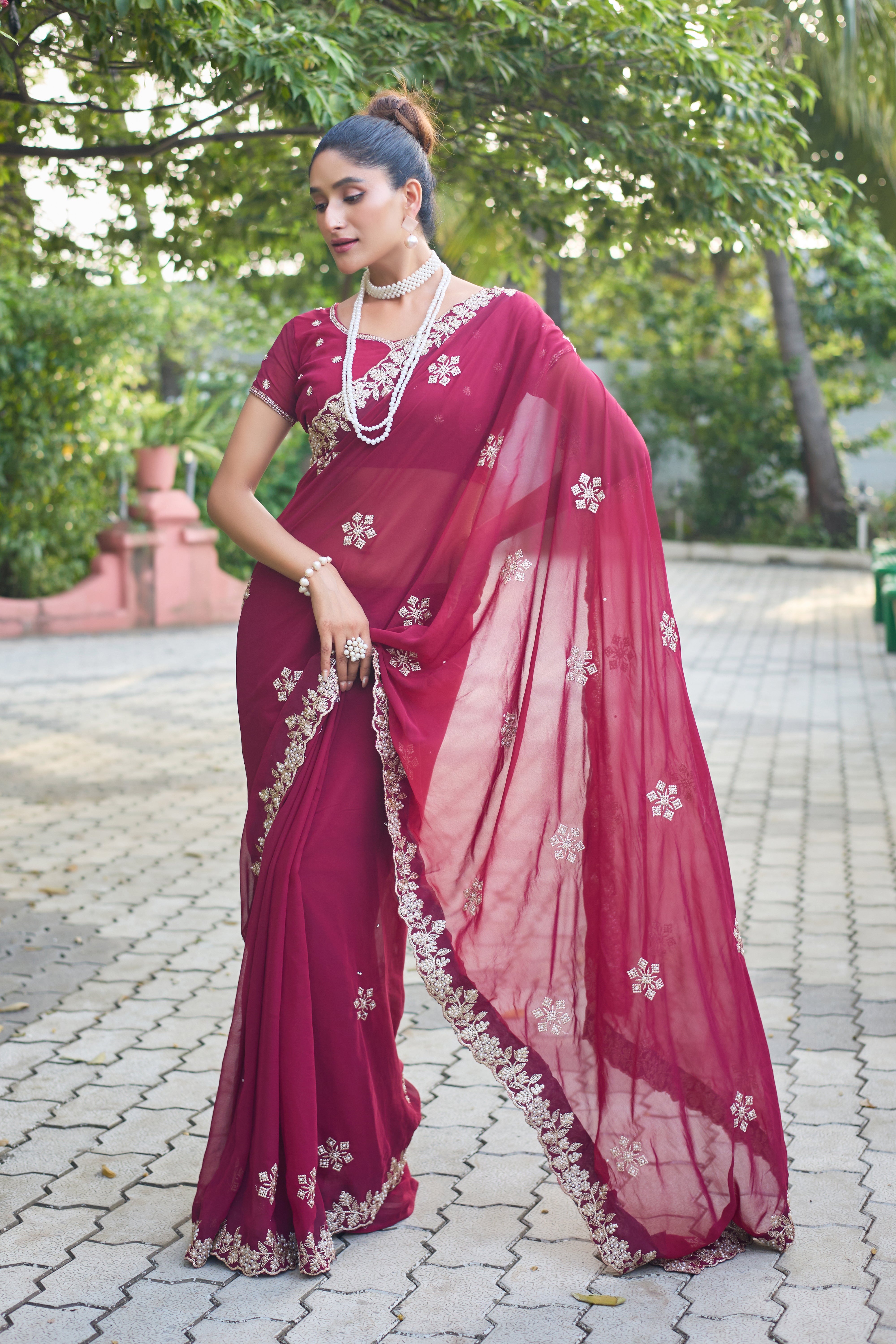 Crimson Blossom Georgette Saree with White Floral Embroidery