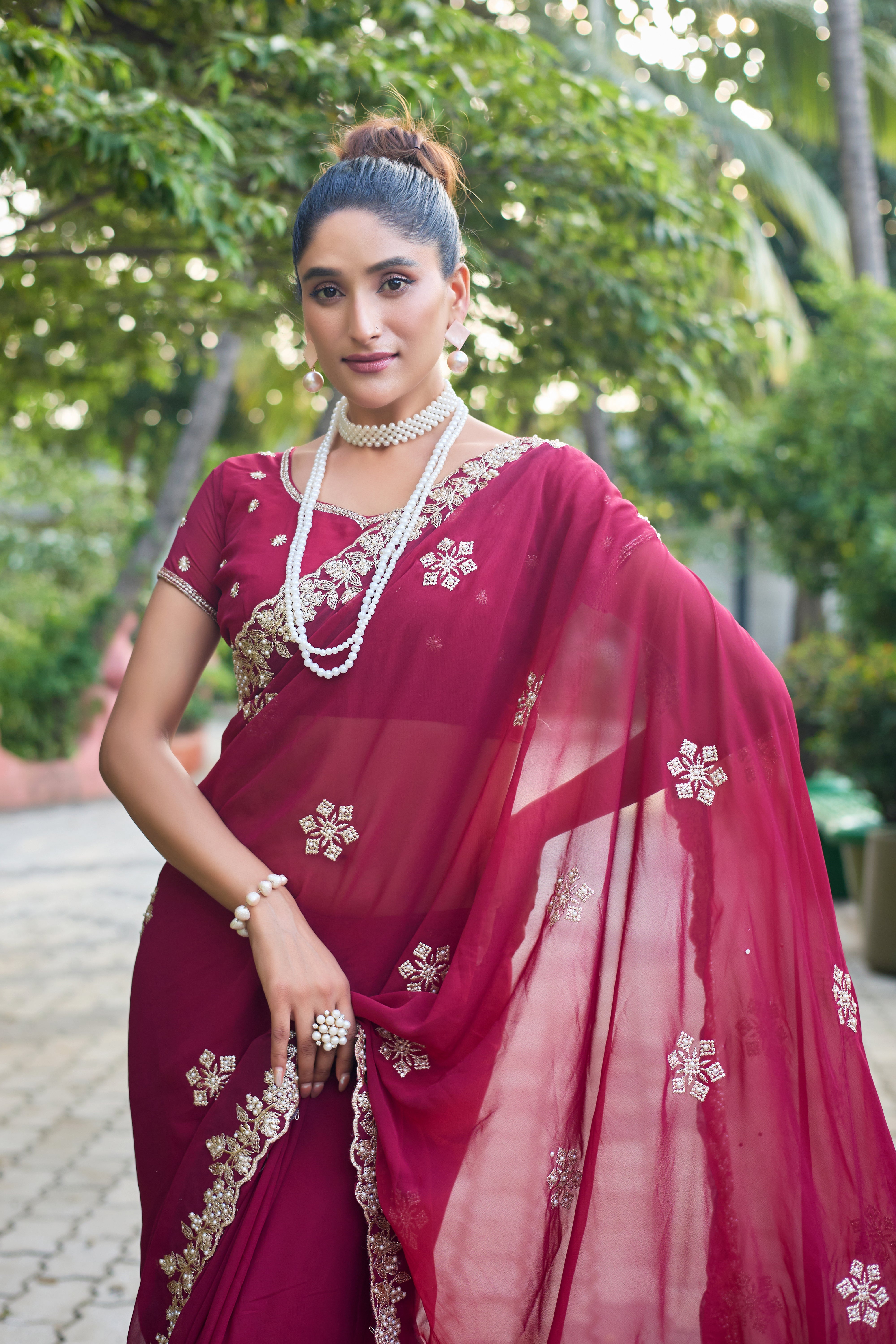 Crimson Blossom Georgette Saree with White Floral Embroidery