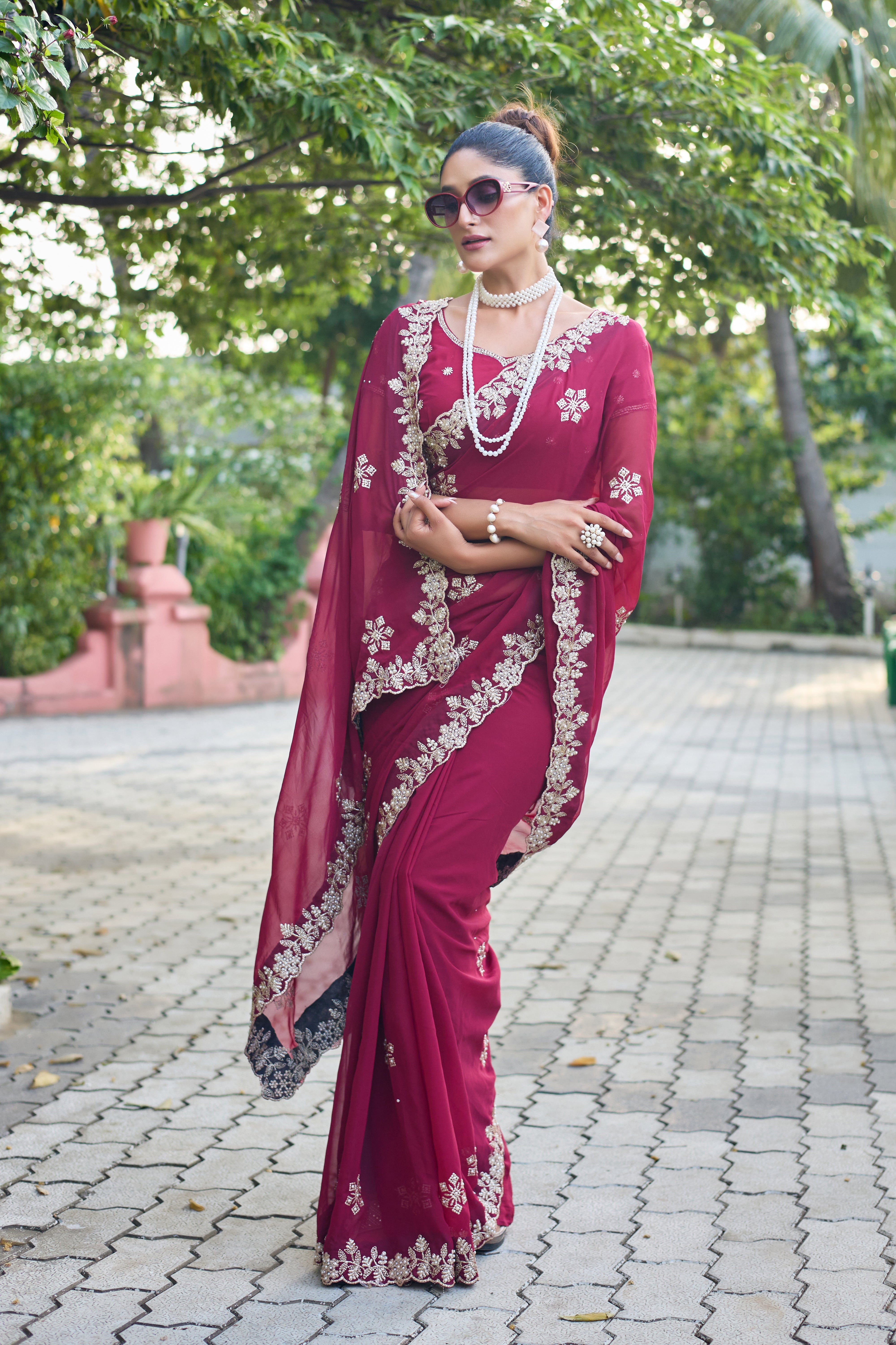 Crimson Blossom Georgette Saree with White Floral Embroidery