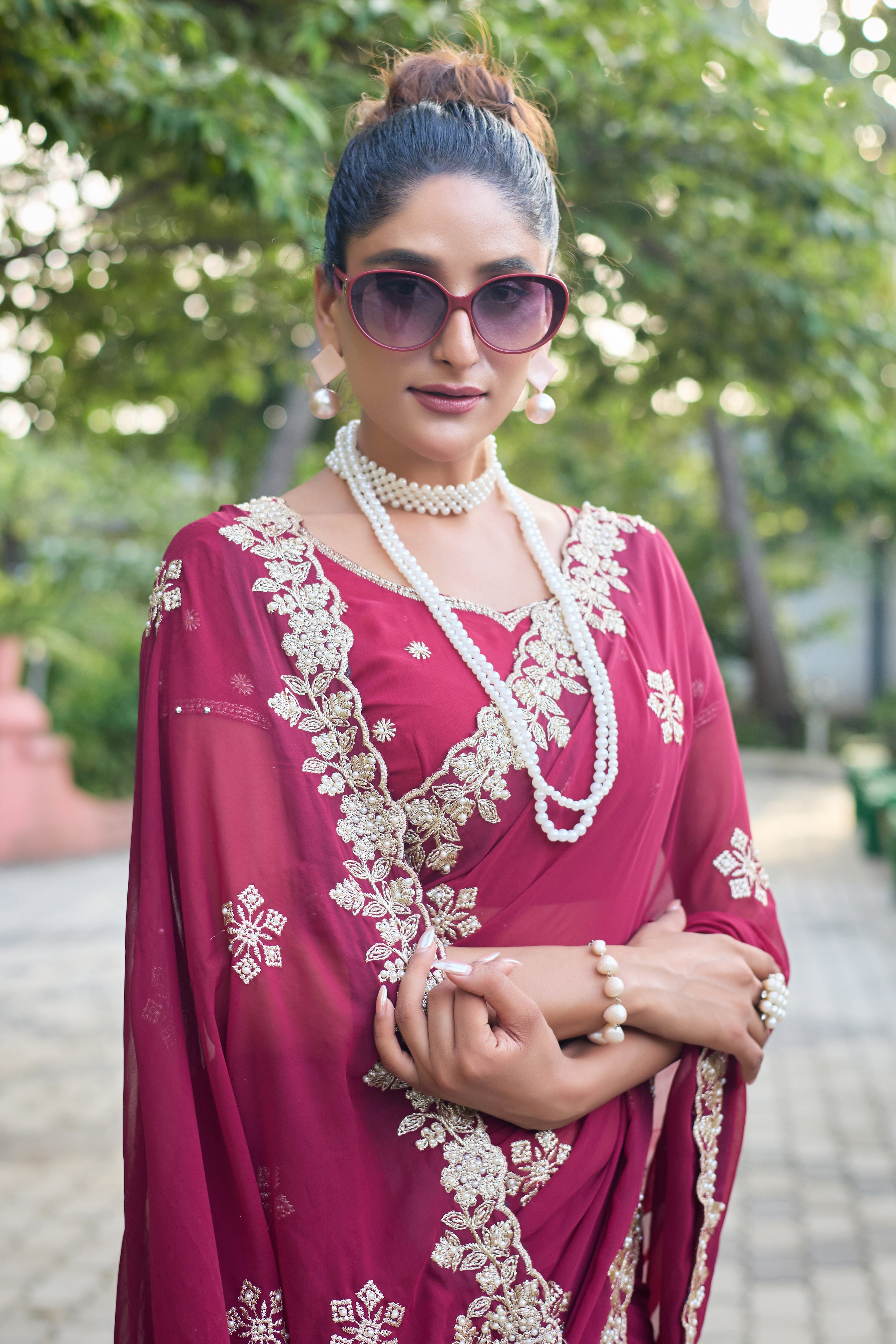 Crimson Blossom Georgette Saree with White Floral Embroidery