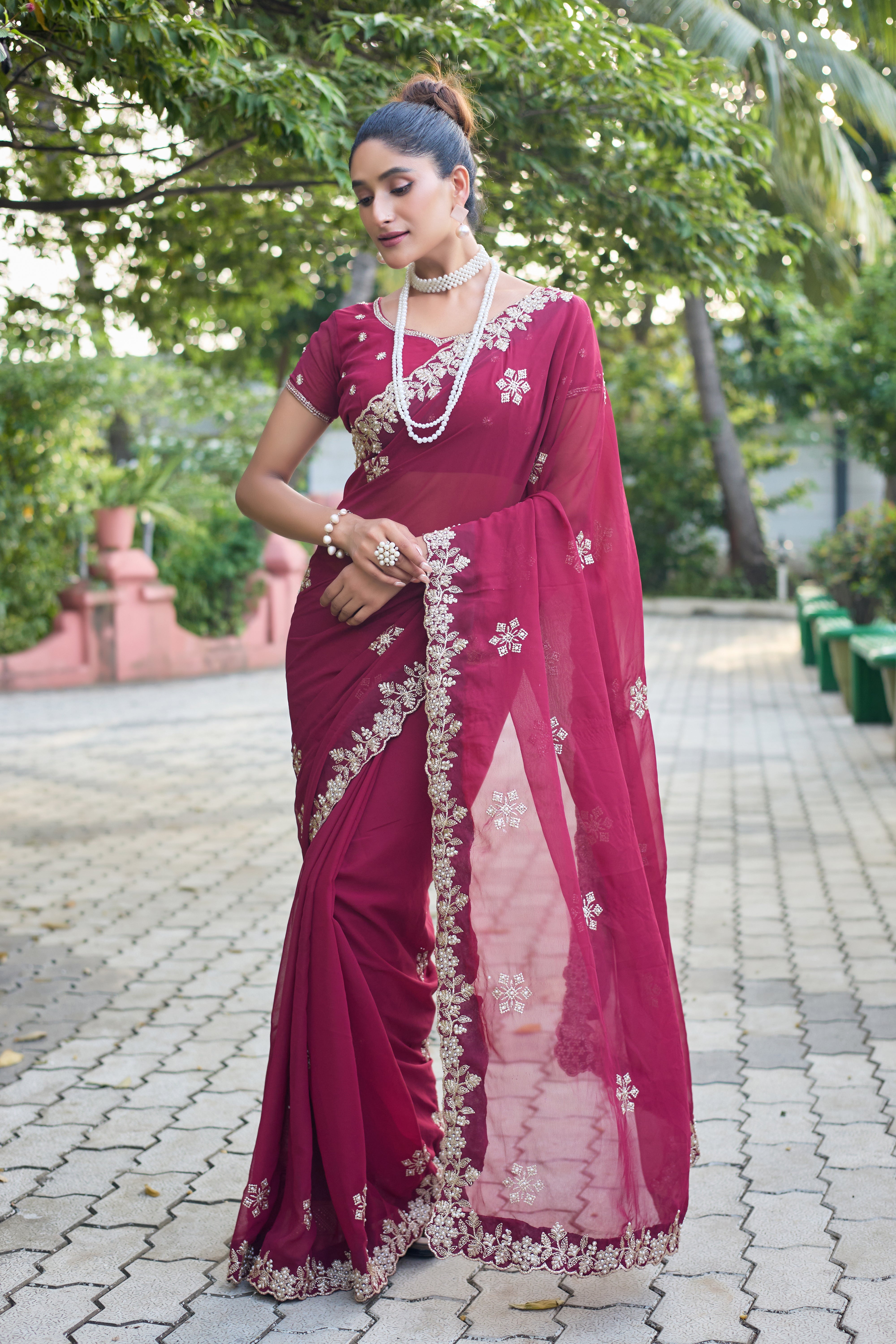 Crimson Blossom Georgette Saree with White Floral Embroidery
