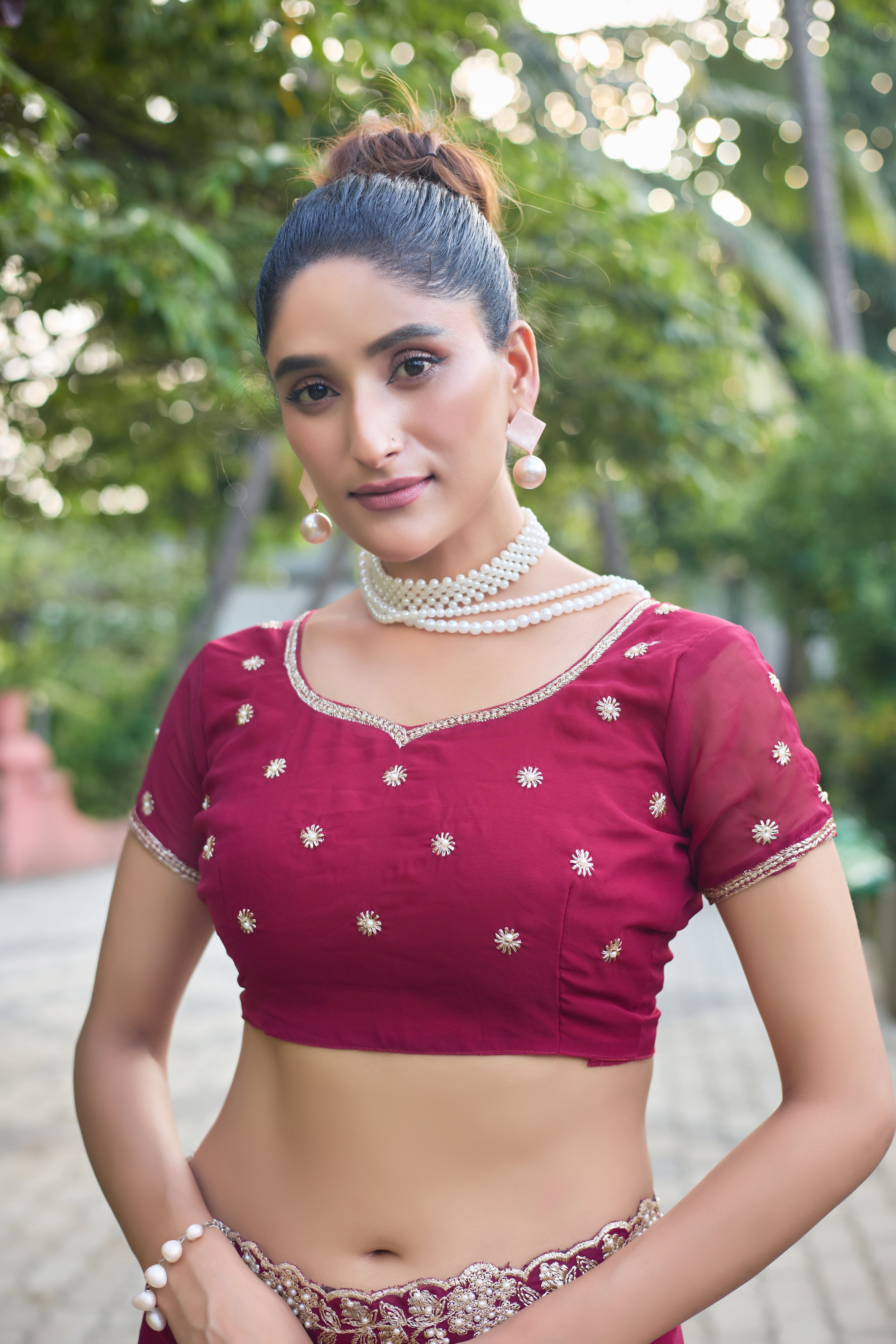 Crimson Blossom Georgette Saree with White Floral Embroidery