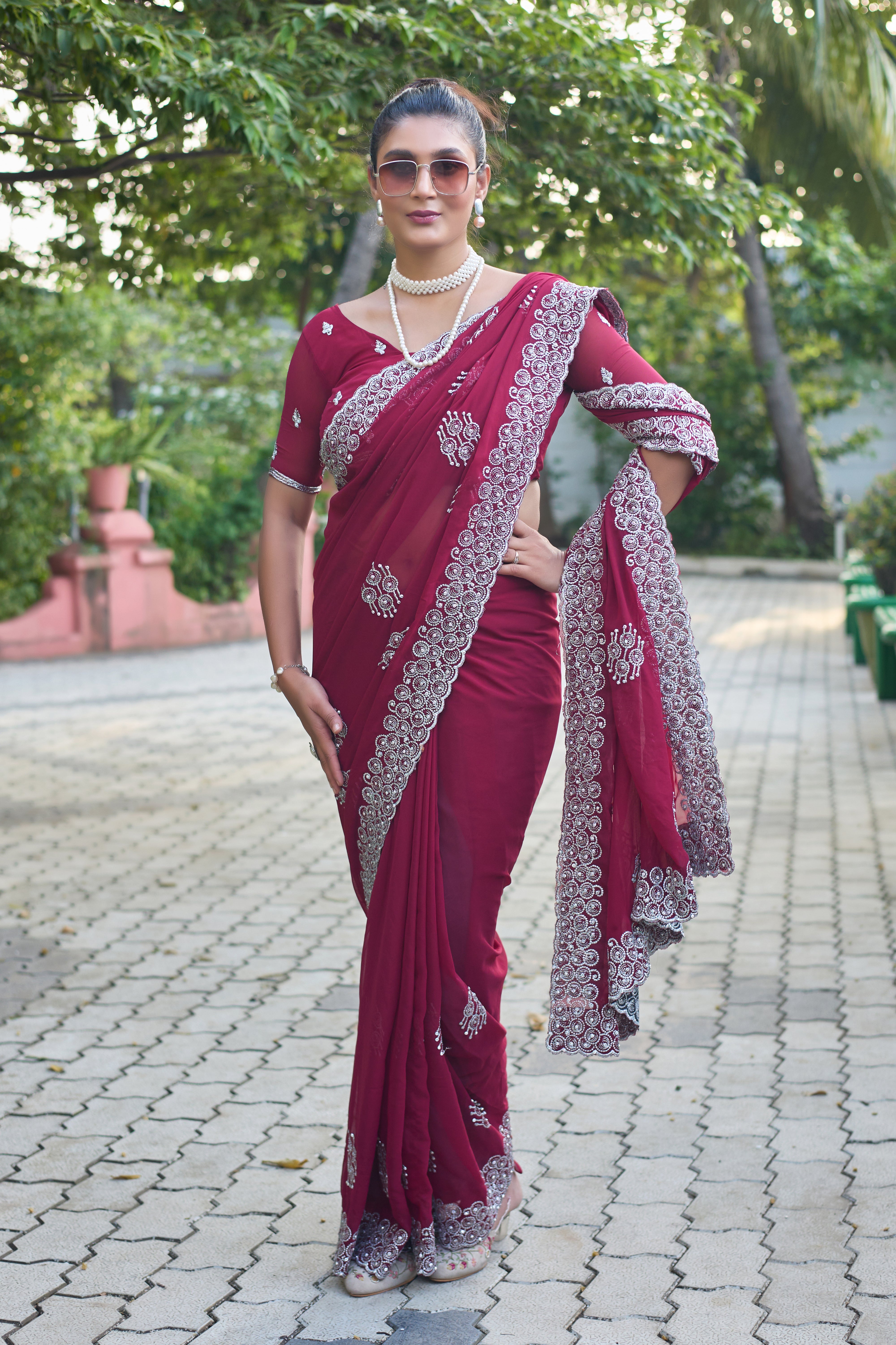 Royal Sapphire Blue Georgette Saree with Silver Embroidered Border