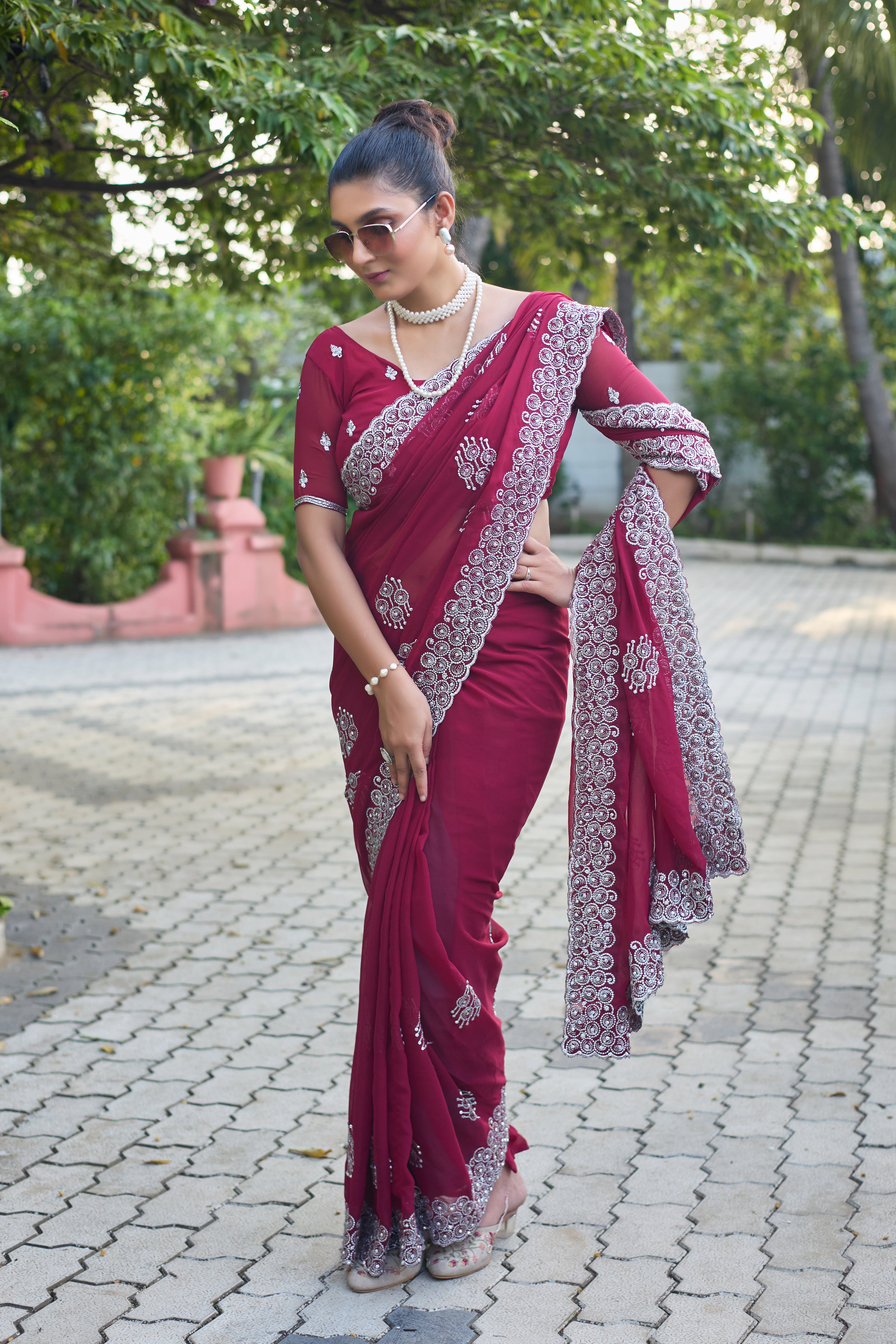 Royal Sapphire Blue Georgette Saree with Silver Embroidered Border