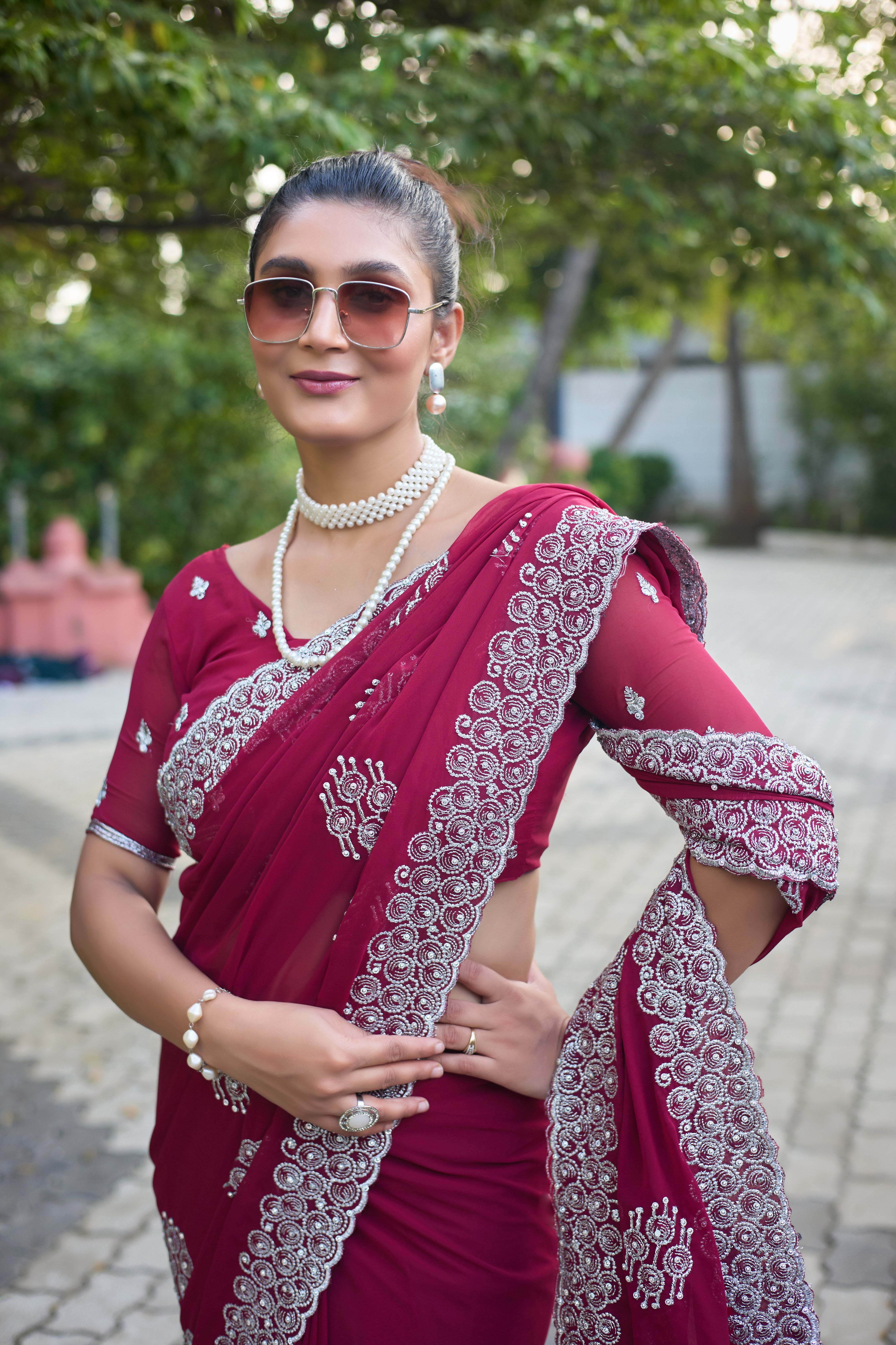 Royal Sapphire Blue Georgette Saree with Silver Embroidered Border