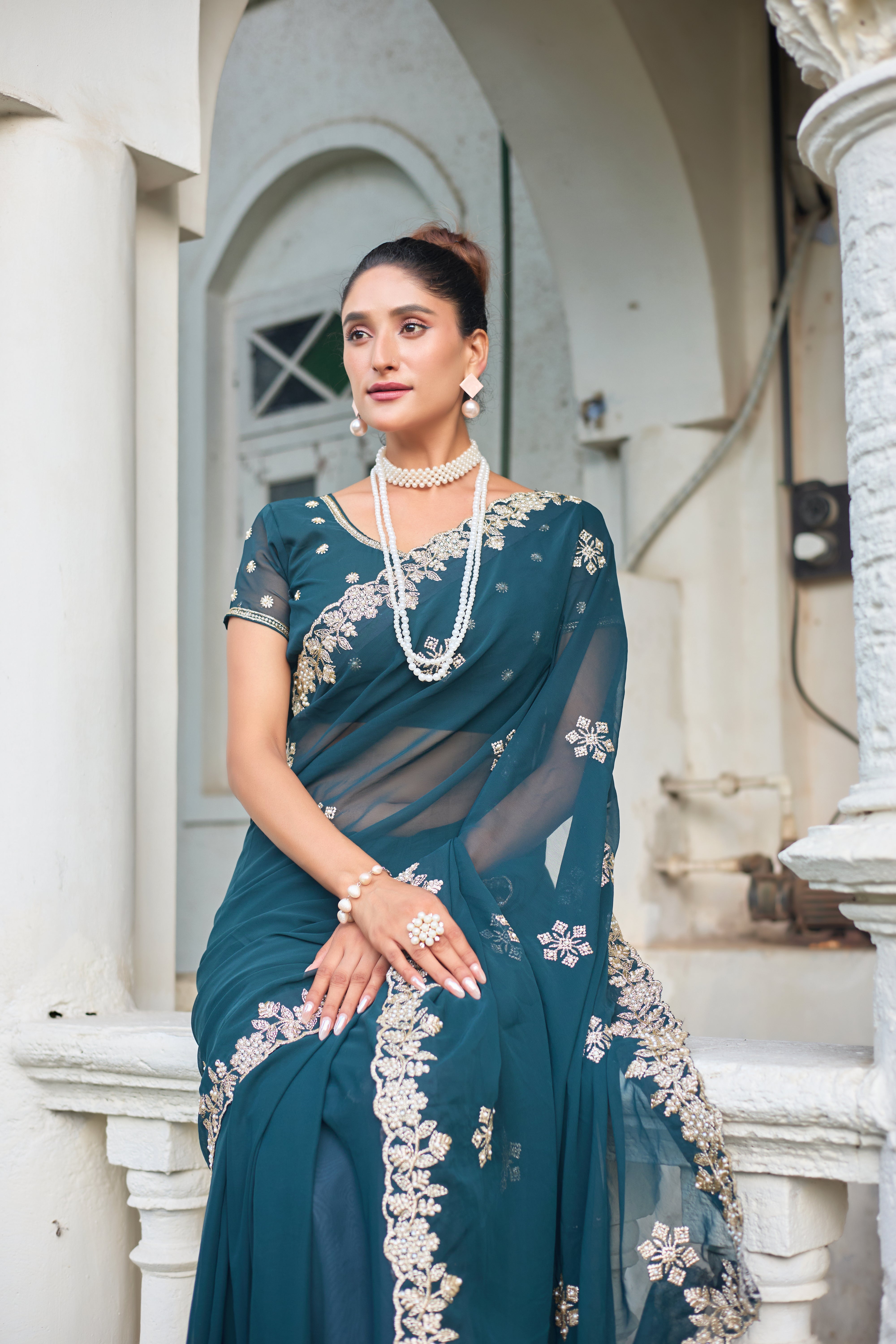 Crimson Blossom Georgette Saree with White Floral Embroidery