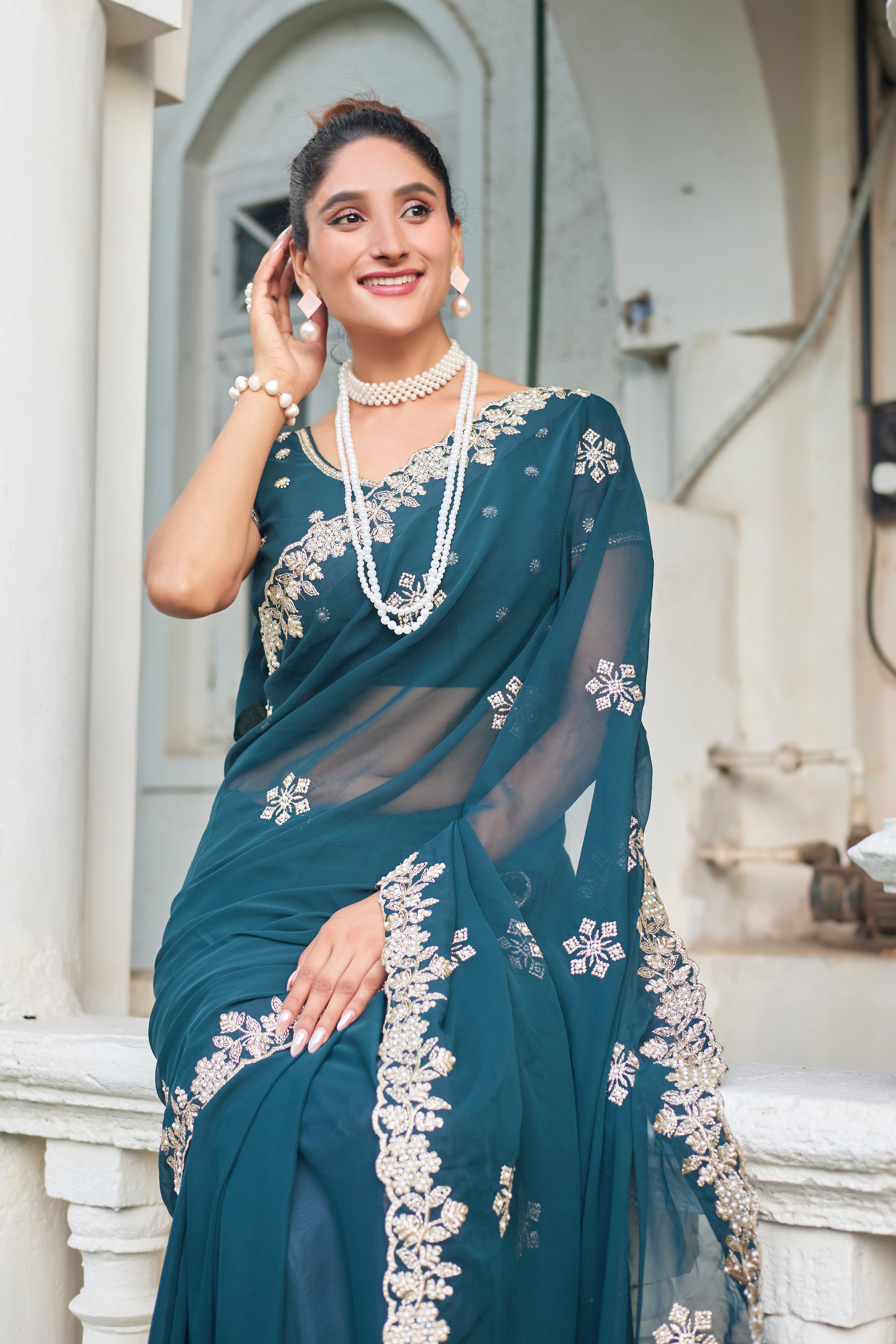 Crimson Blossom Georgette Saree with White Floral Embroidery