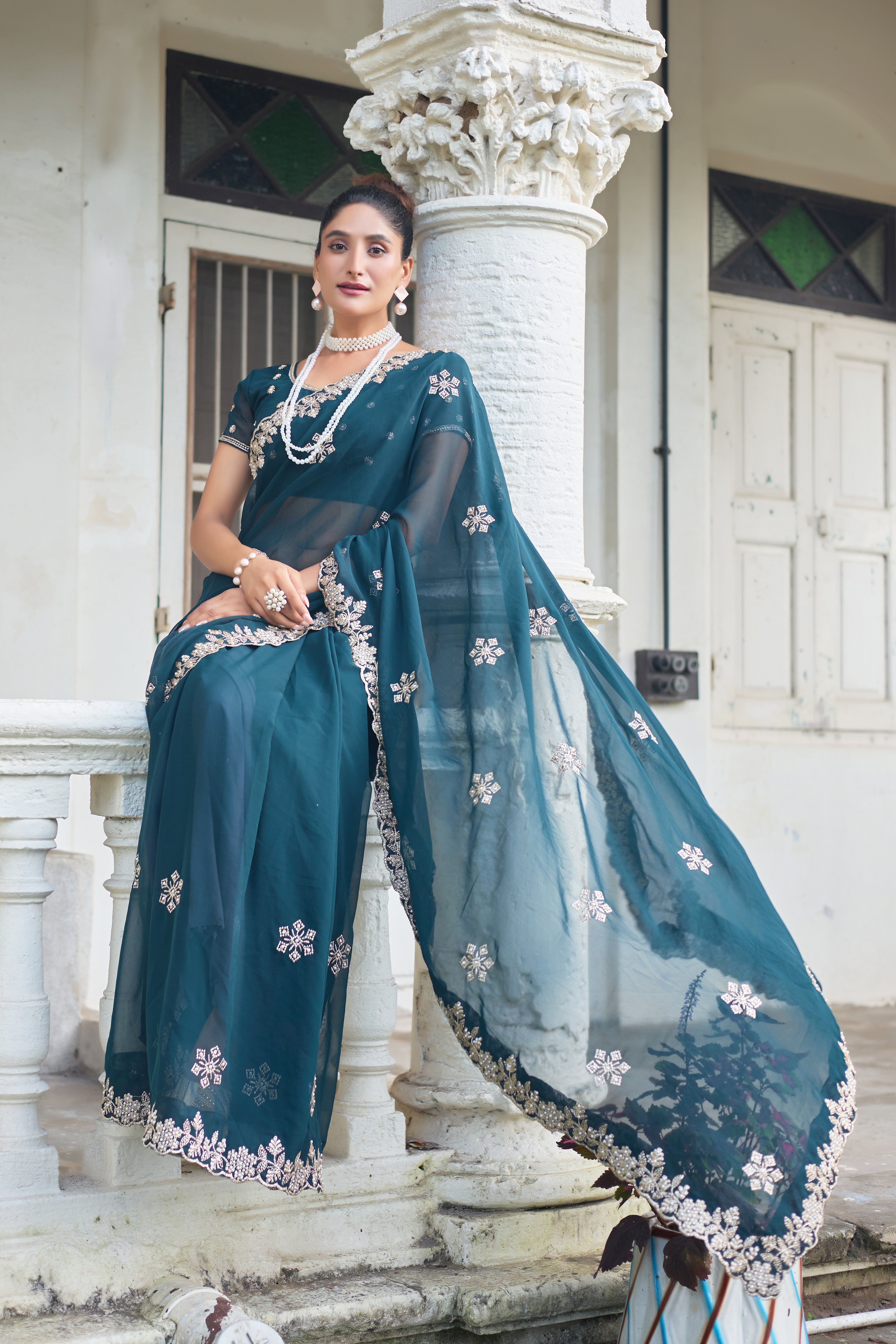 Crimson Blossom Georgette Saree with White Floral Embroidery