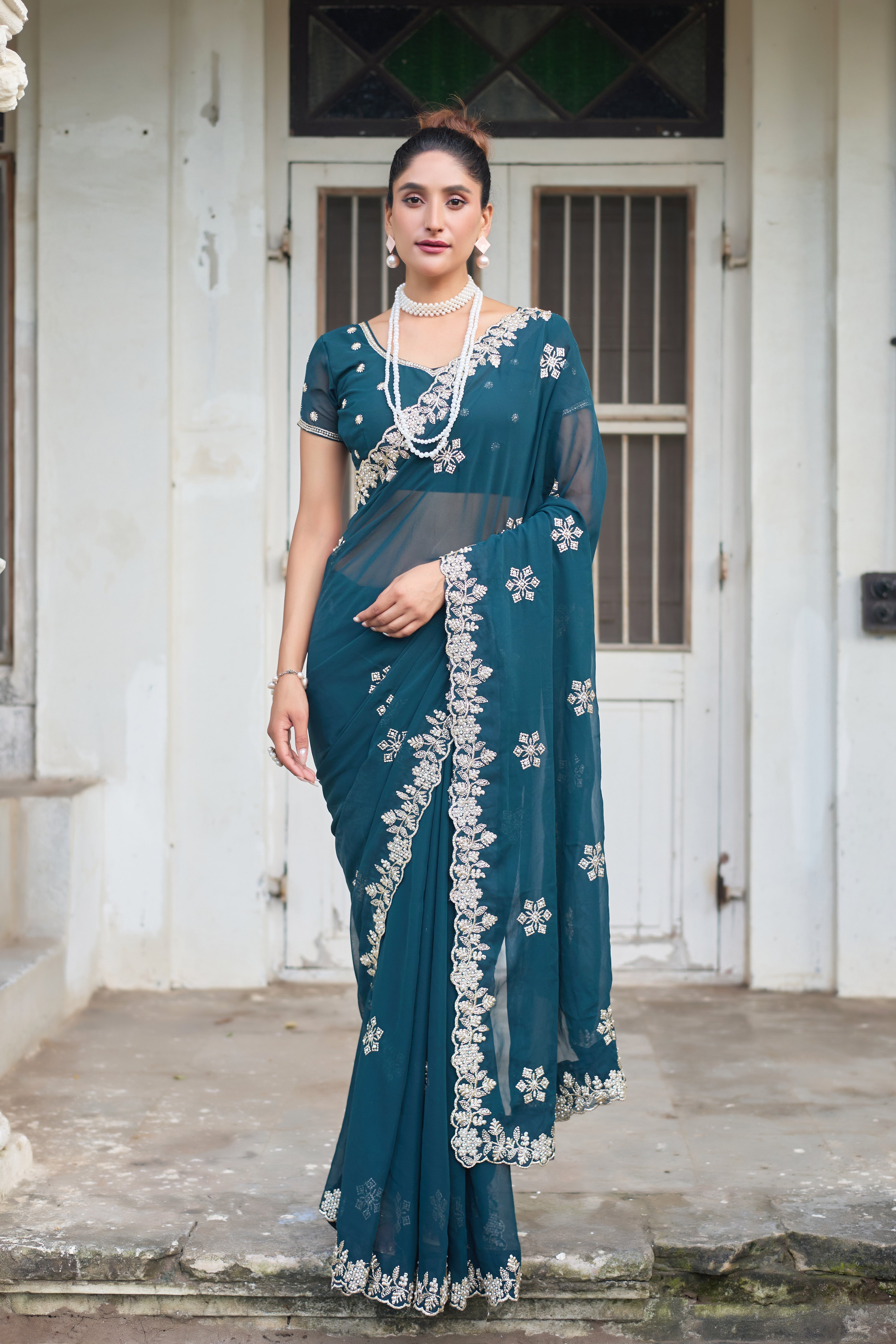 Crimson Blossom Georgette Saree with White Floral Embroidery