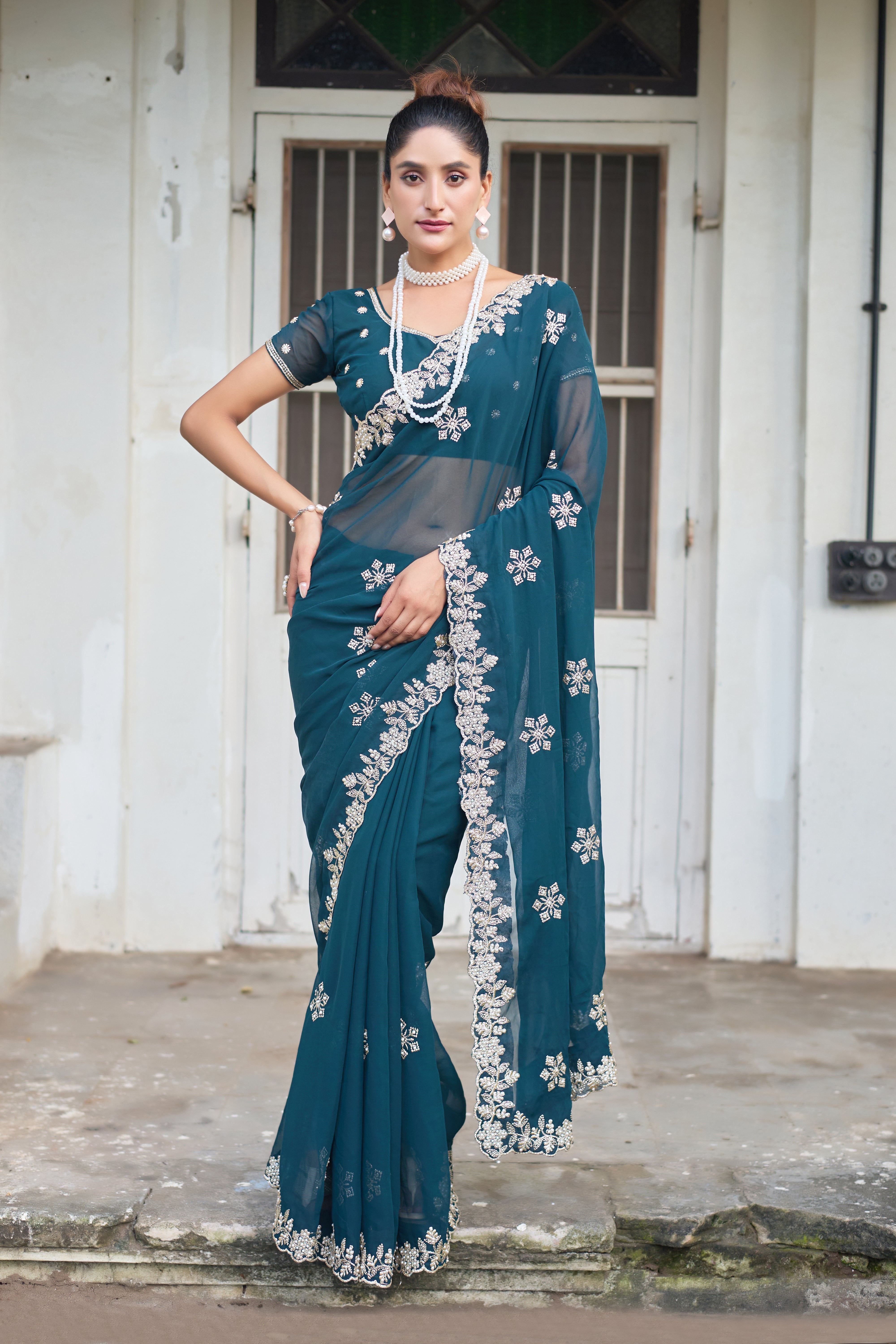 Crimson Blossom Georgette Saree with White Floral Embroidery