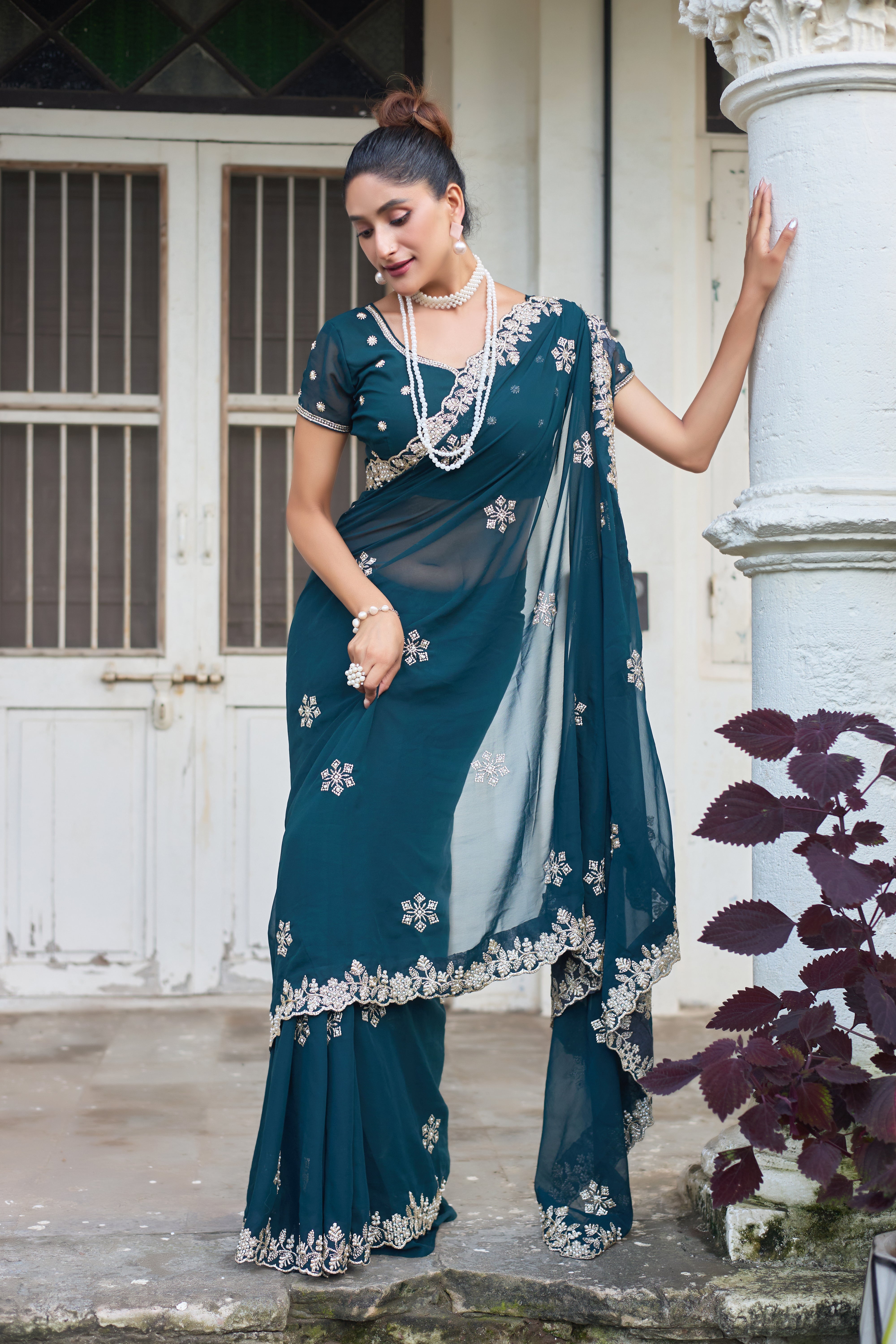 Crimson Blossom Georgette Saree with White Floral Embroidery