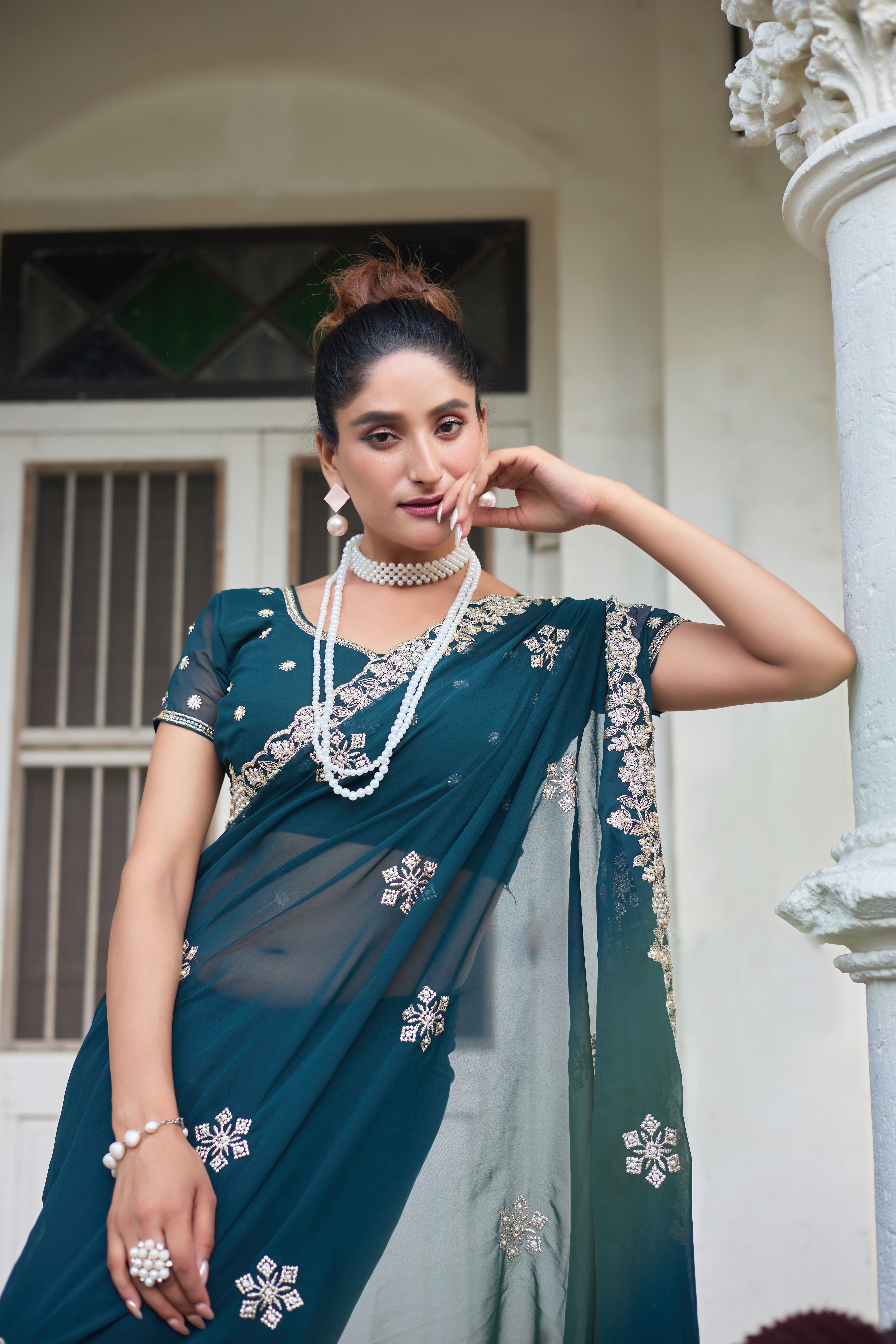 Crimson Blossom Georgette Saree with White Floral Embroidery