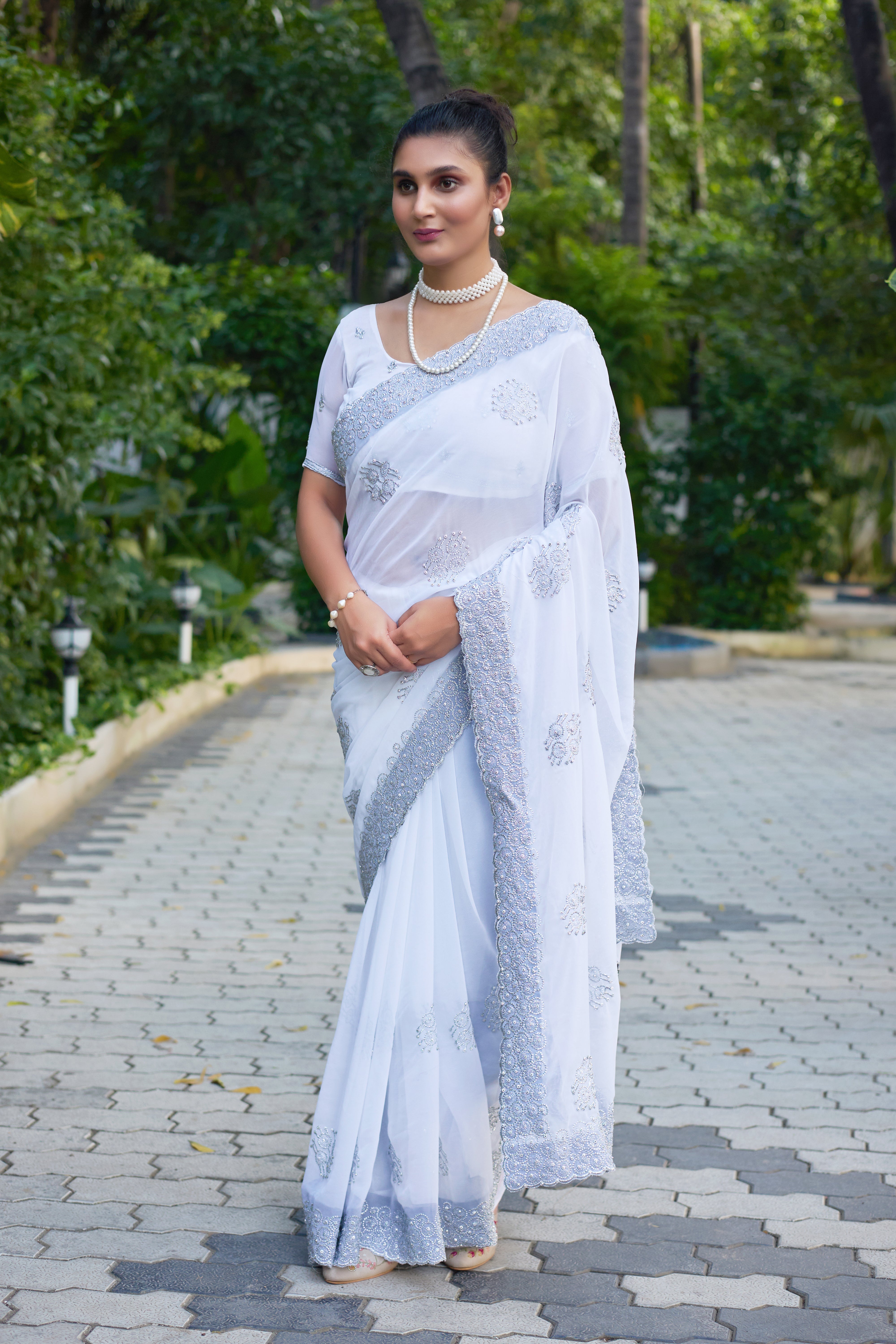Royal Sapphire Blue Georgette Saree with Silver Embroidered Border