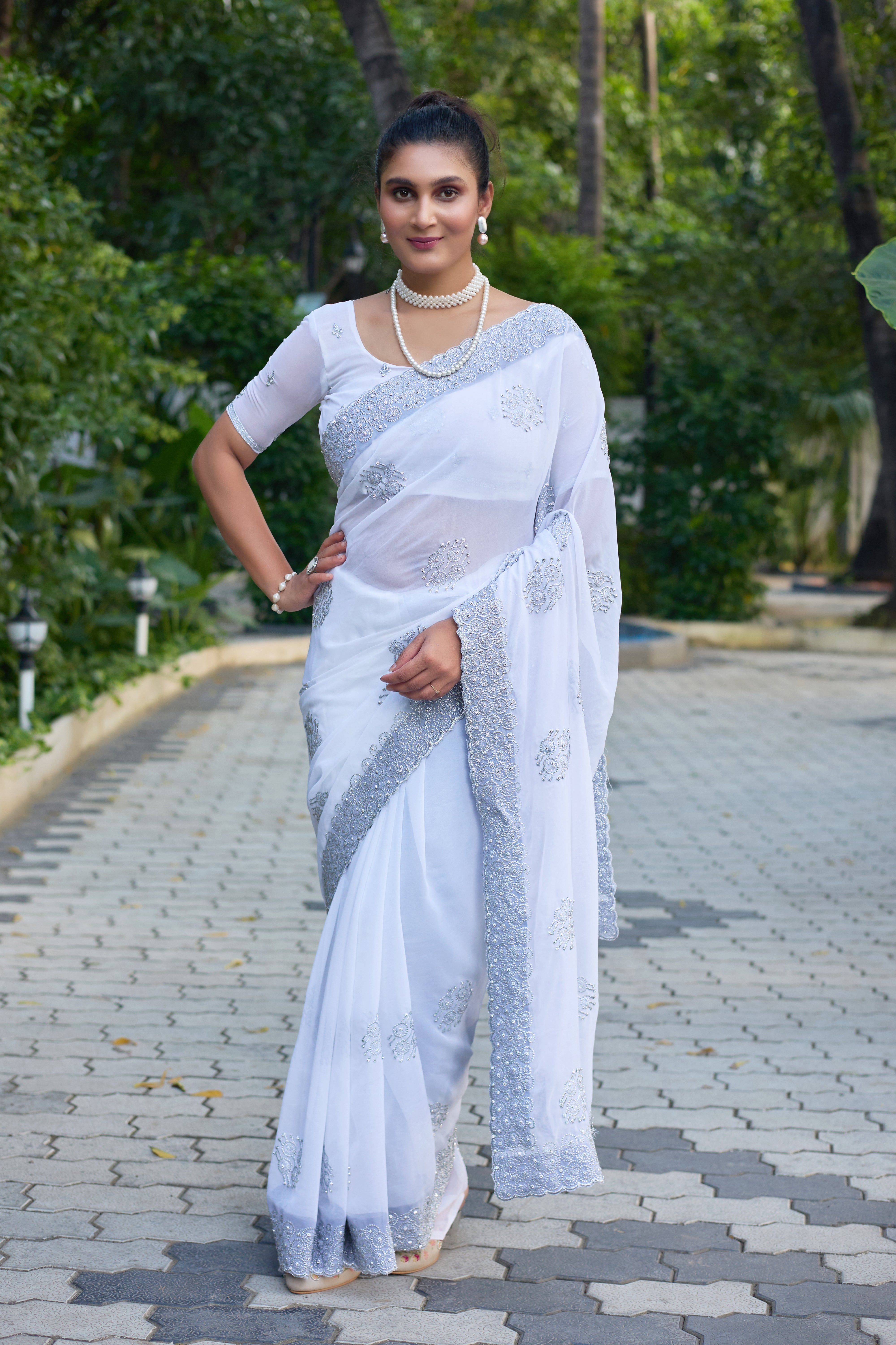 Royal Sapphire Blue Georgette Saree with Silver Embroidered Border