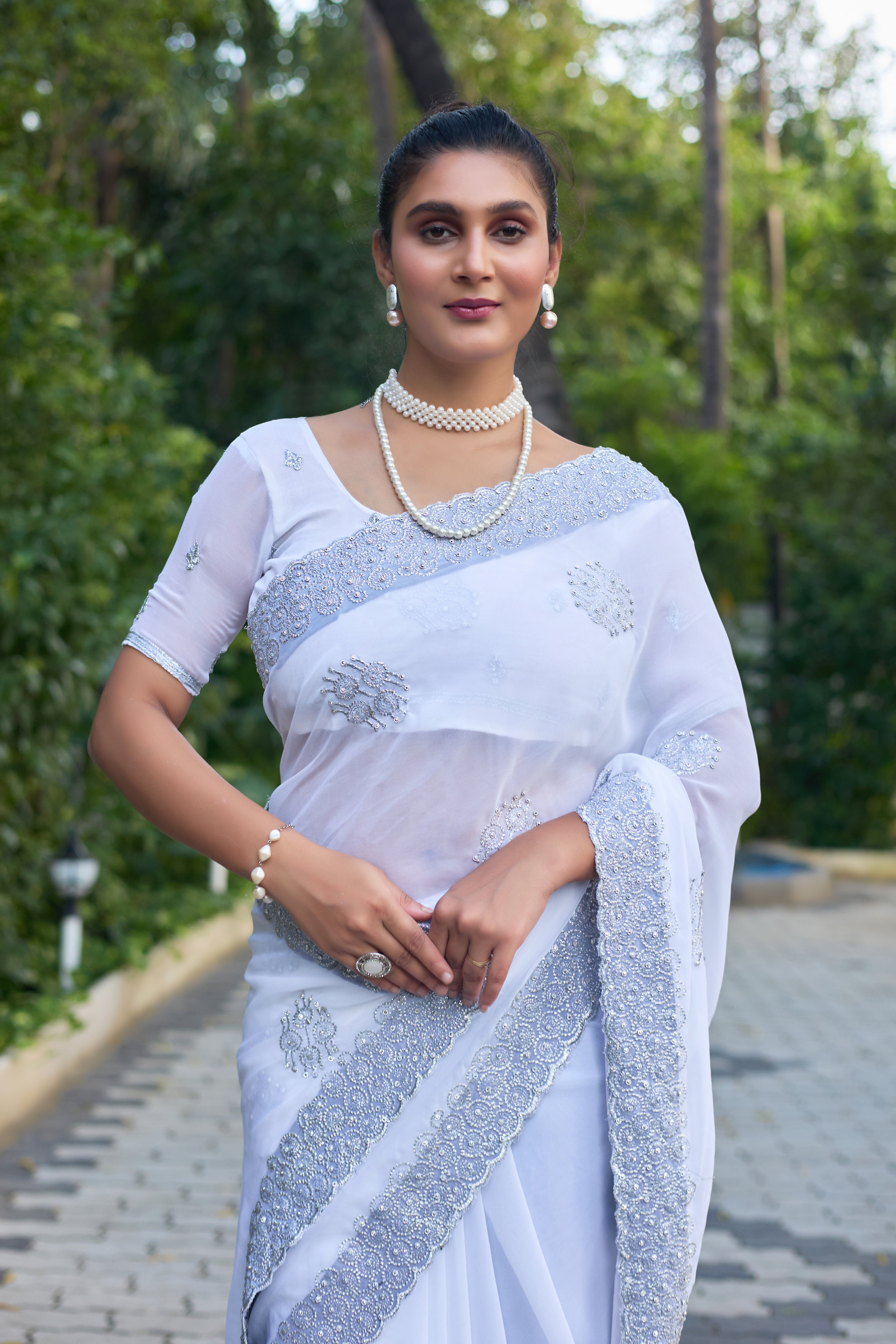Royal Sapphire Blue Georgette Saree with Silver Embroidered Border