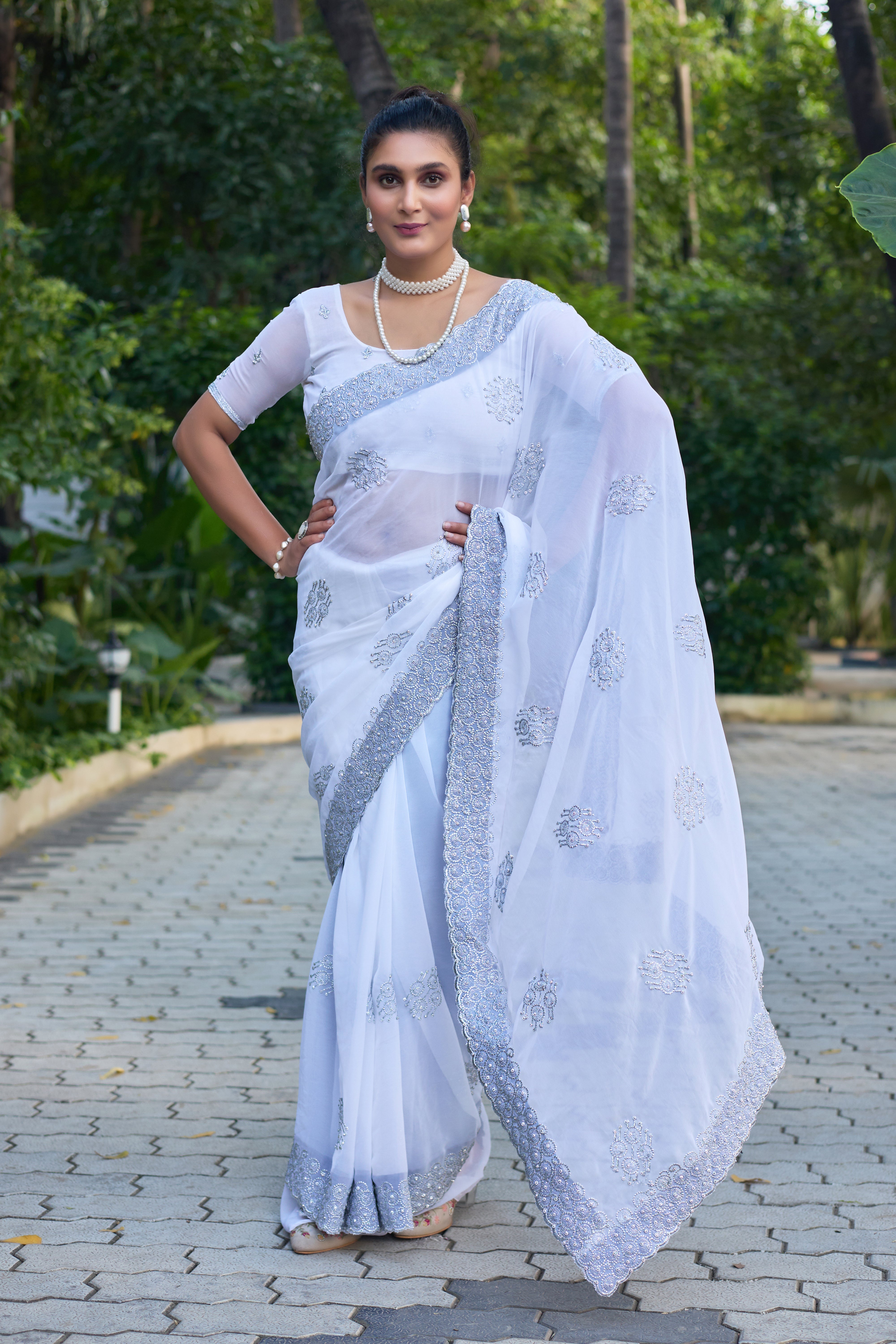 Royal Sapphire Blue Georgette Saree with Silver Embroidered Border