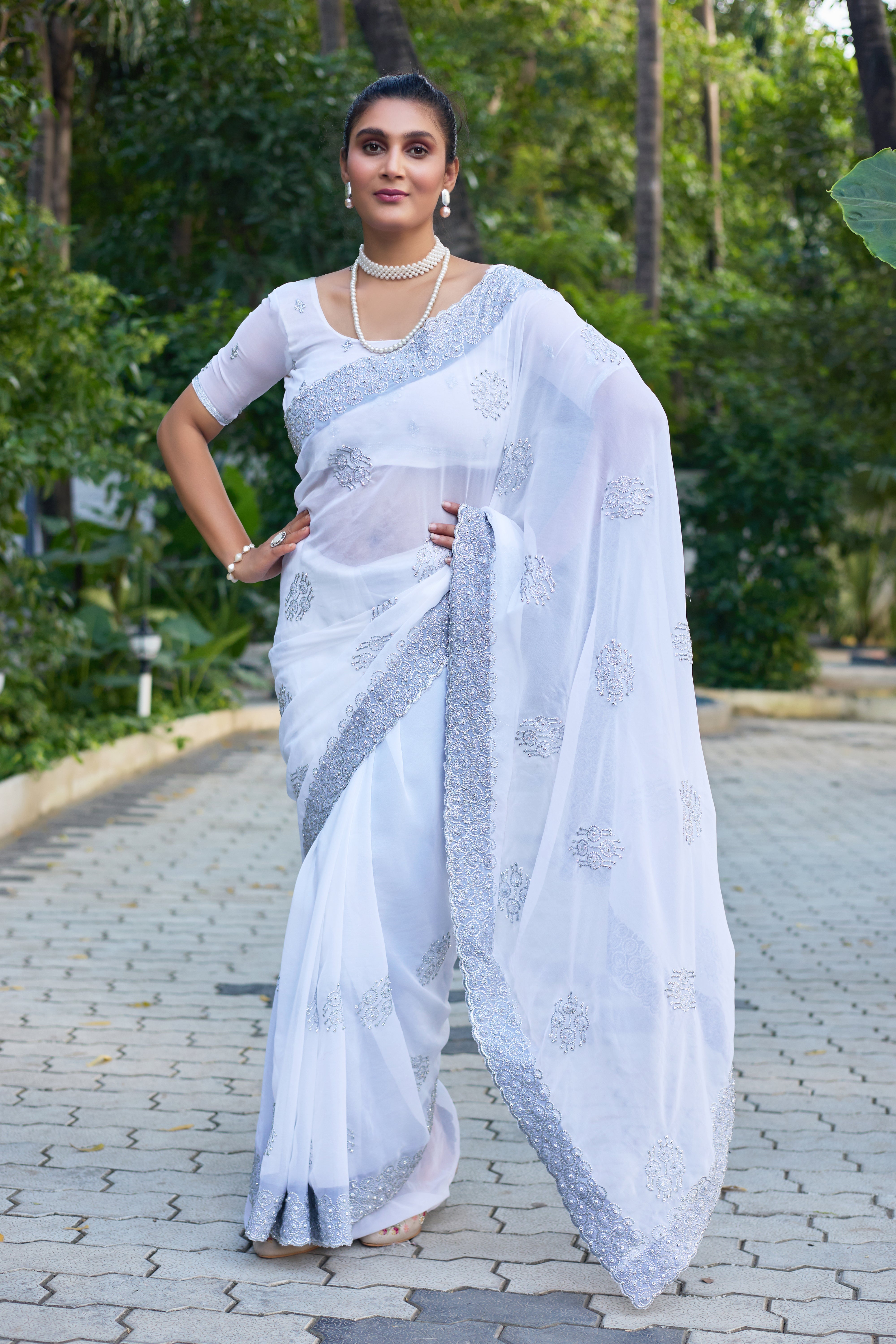 Royal Sapphire Blue Georgette Saree with Silver Embroidered Border