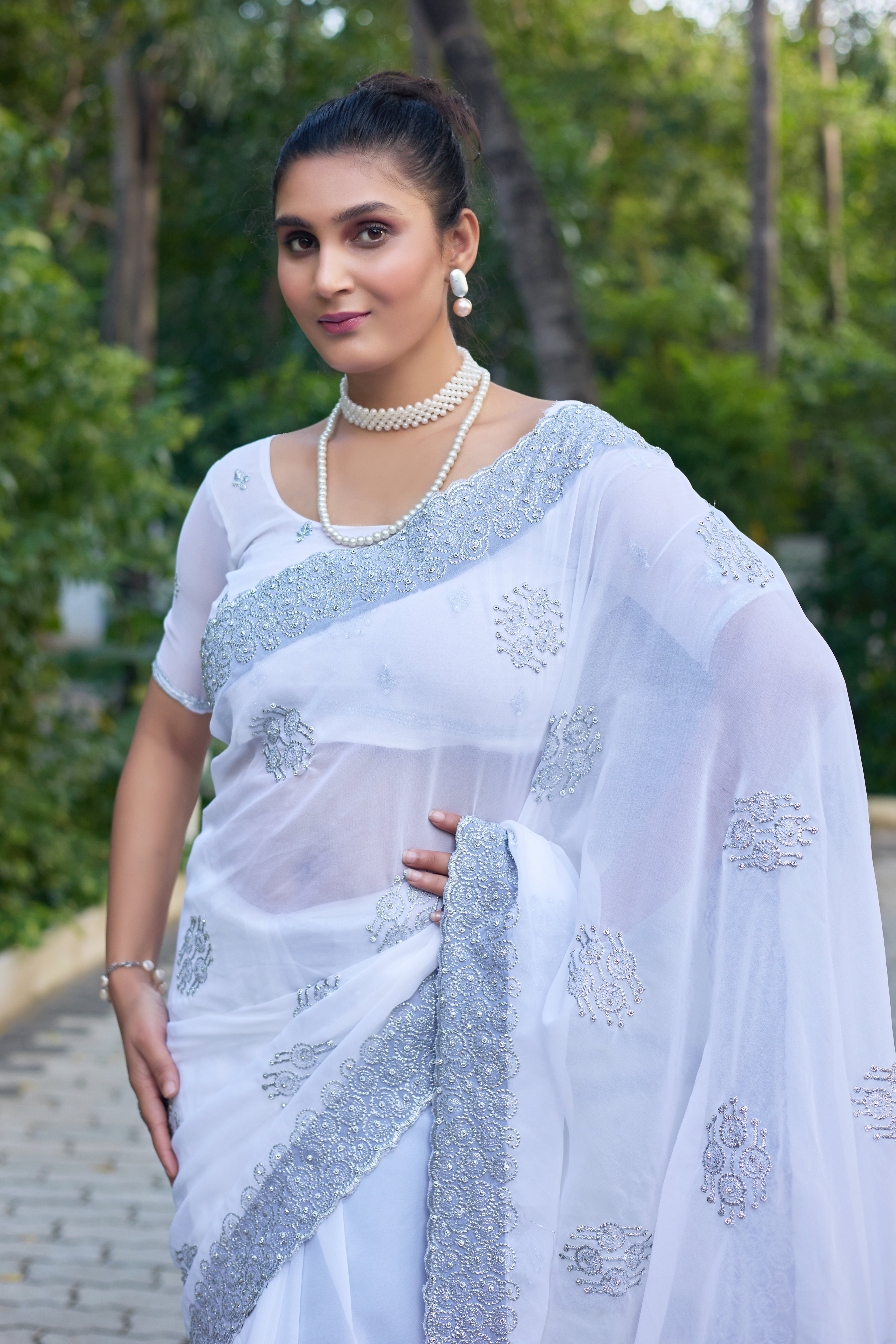 Royal Sapphire Blue Georgette Saree with Silver Embroidered Border