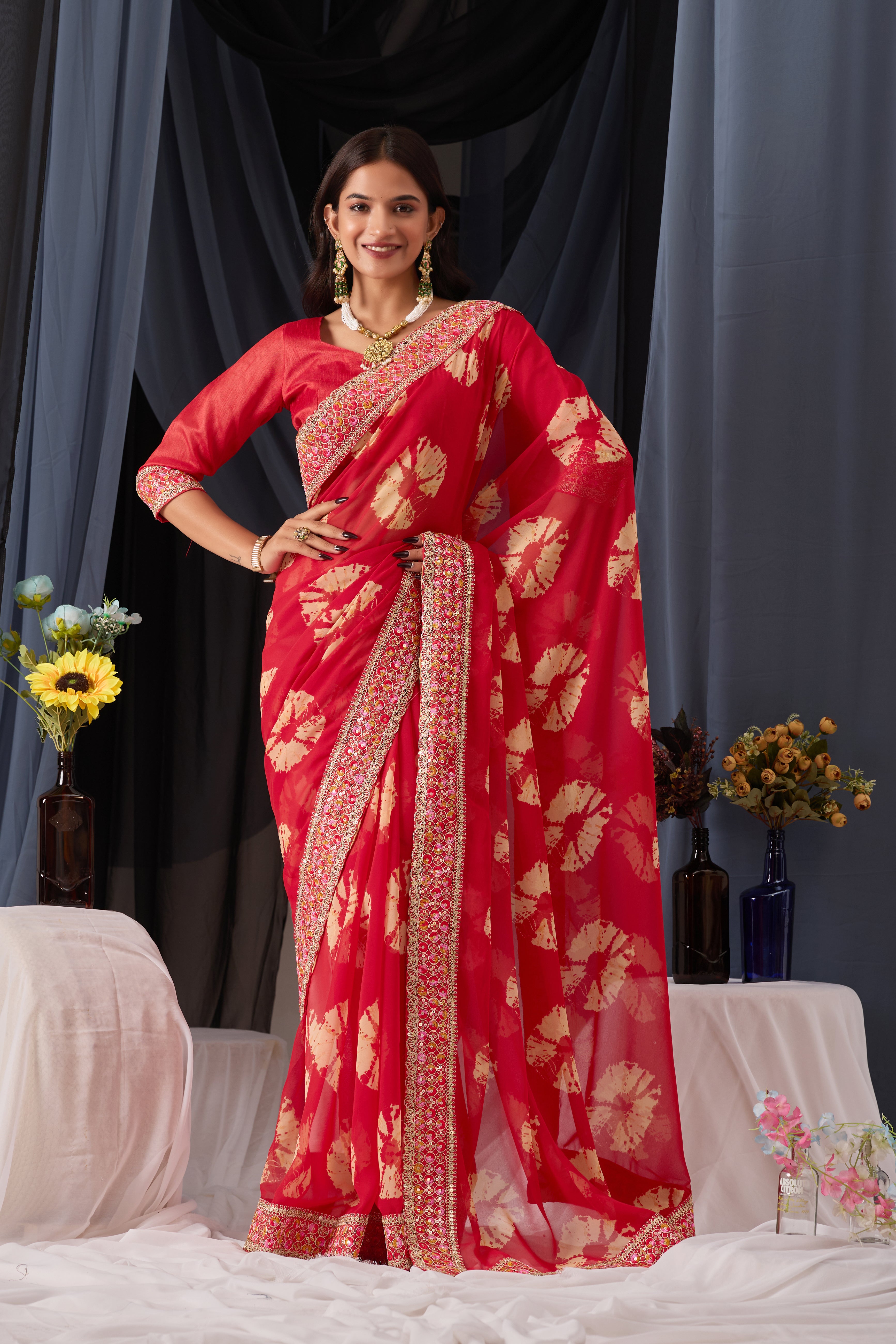 Scarlet Red Batik Georgette Saree with Embroidered Border
