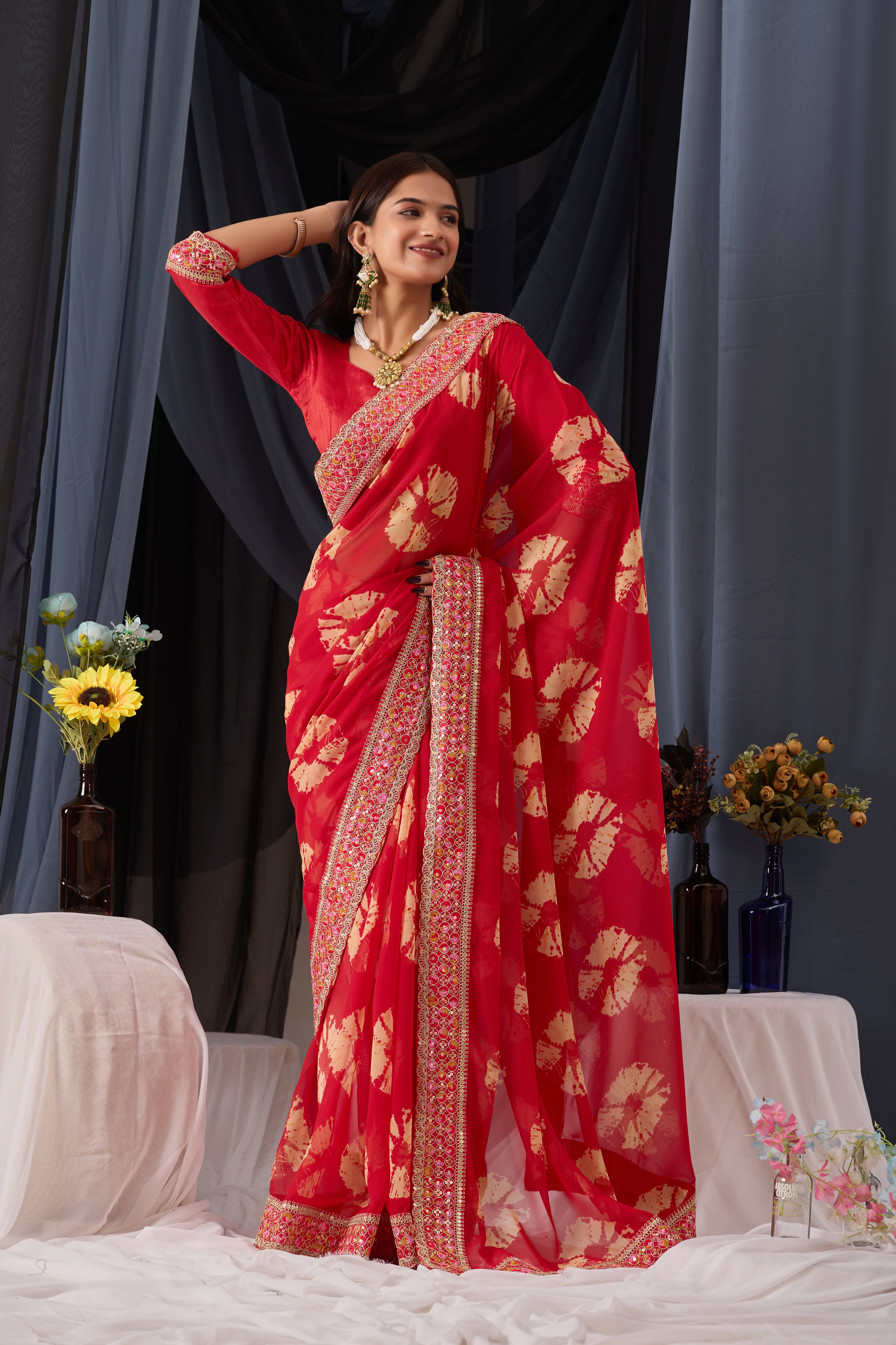 Scarlet Red Batik Georgette Saree with Embroidered Border