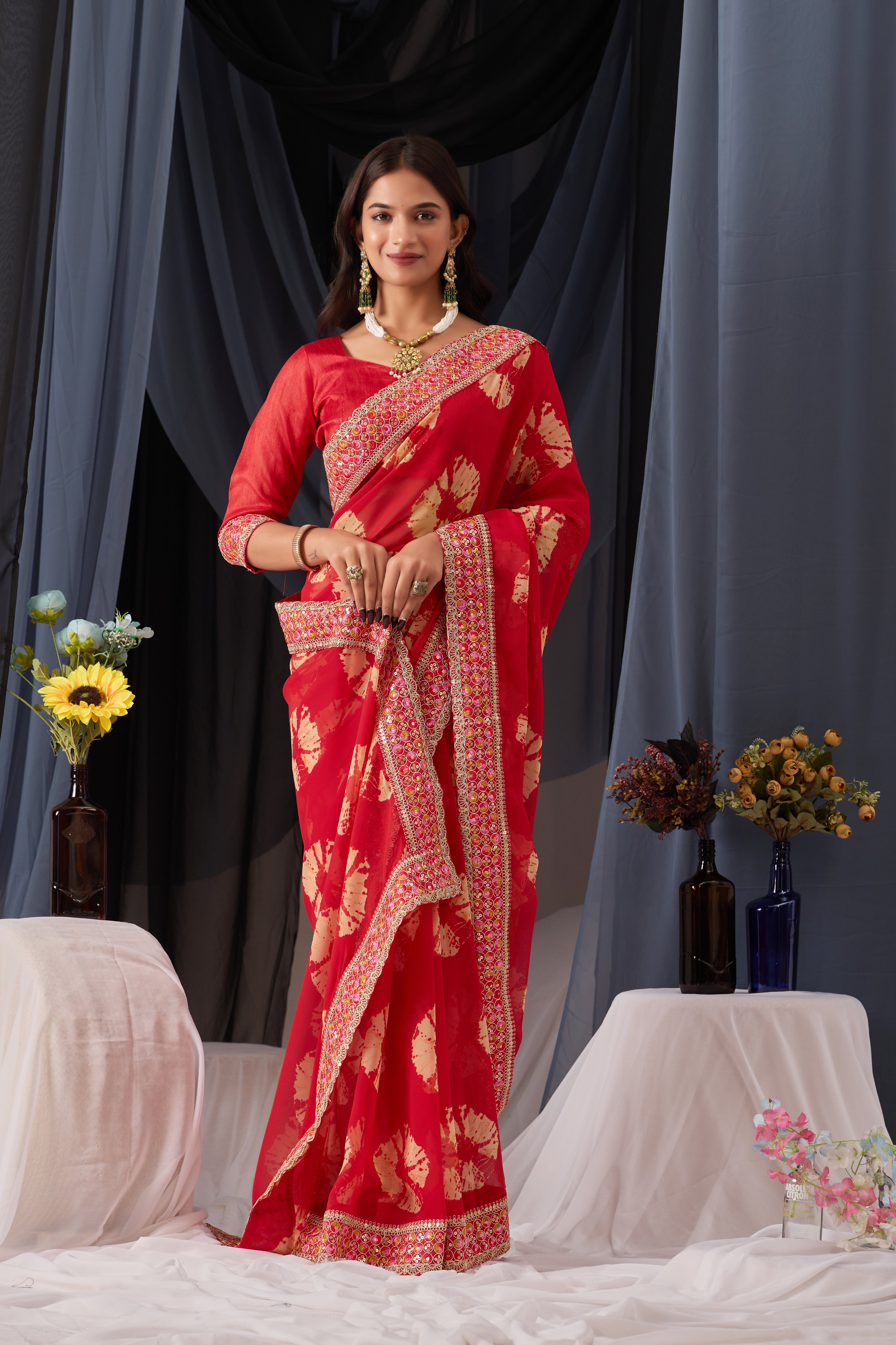 Scarlet Red Batik Georgette Saree with Embroidered Border