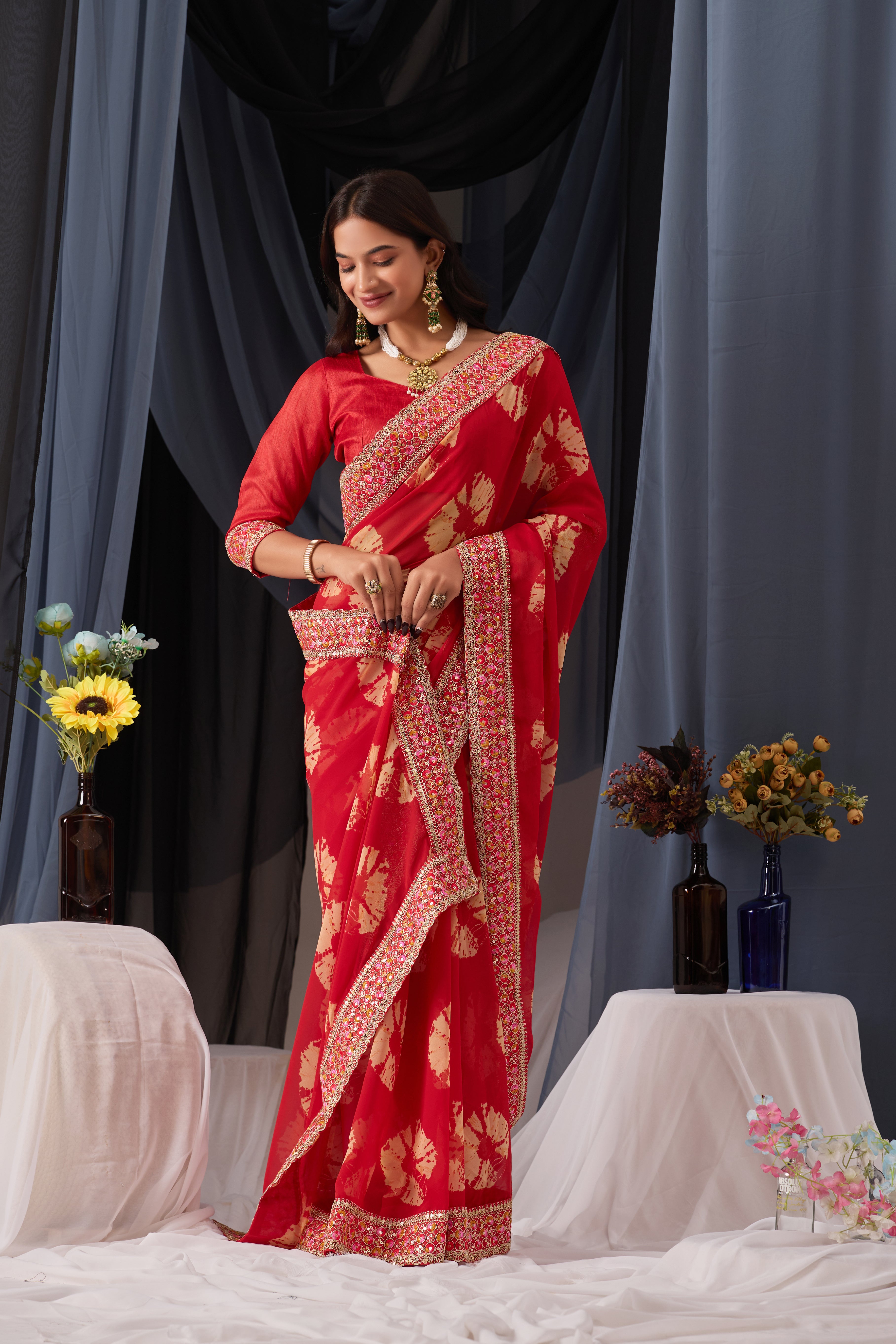 Scarlet Red Batik Georgette Saree with Embroidered Border