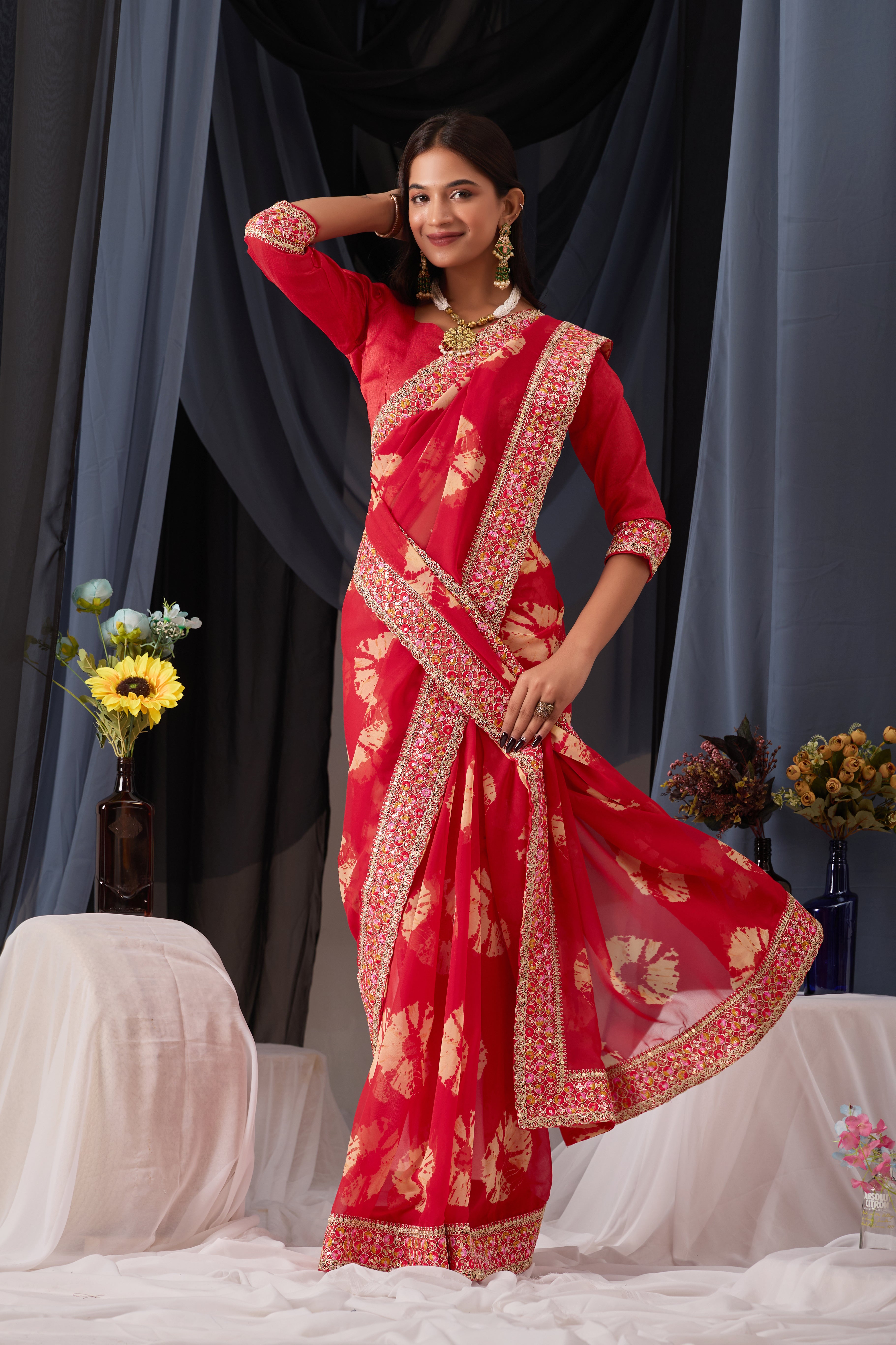 Scarlet Red Batik Georgette Saree with Embroidered Border