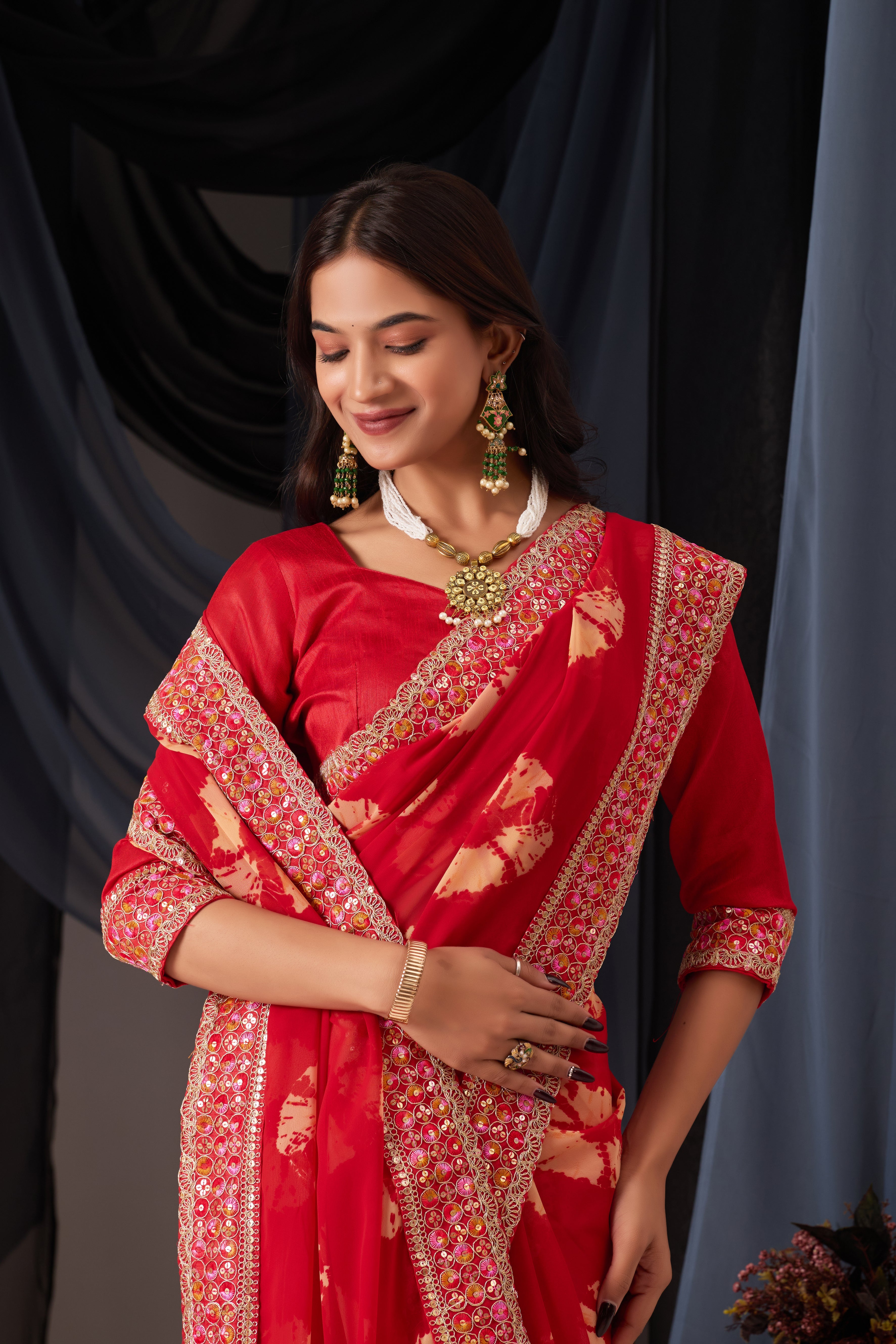 Scarlet Red Batik Georgette Saree with Embroidered Border