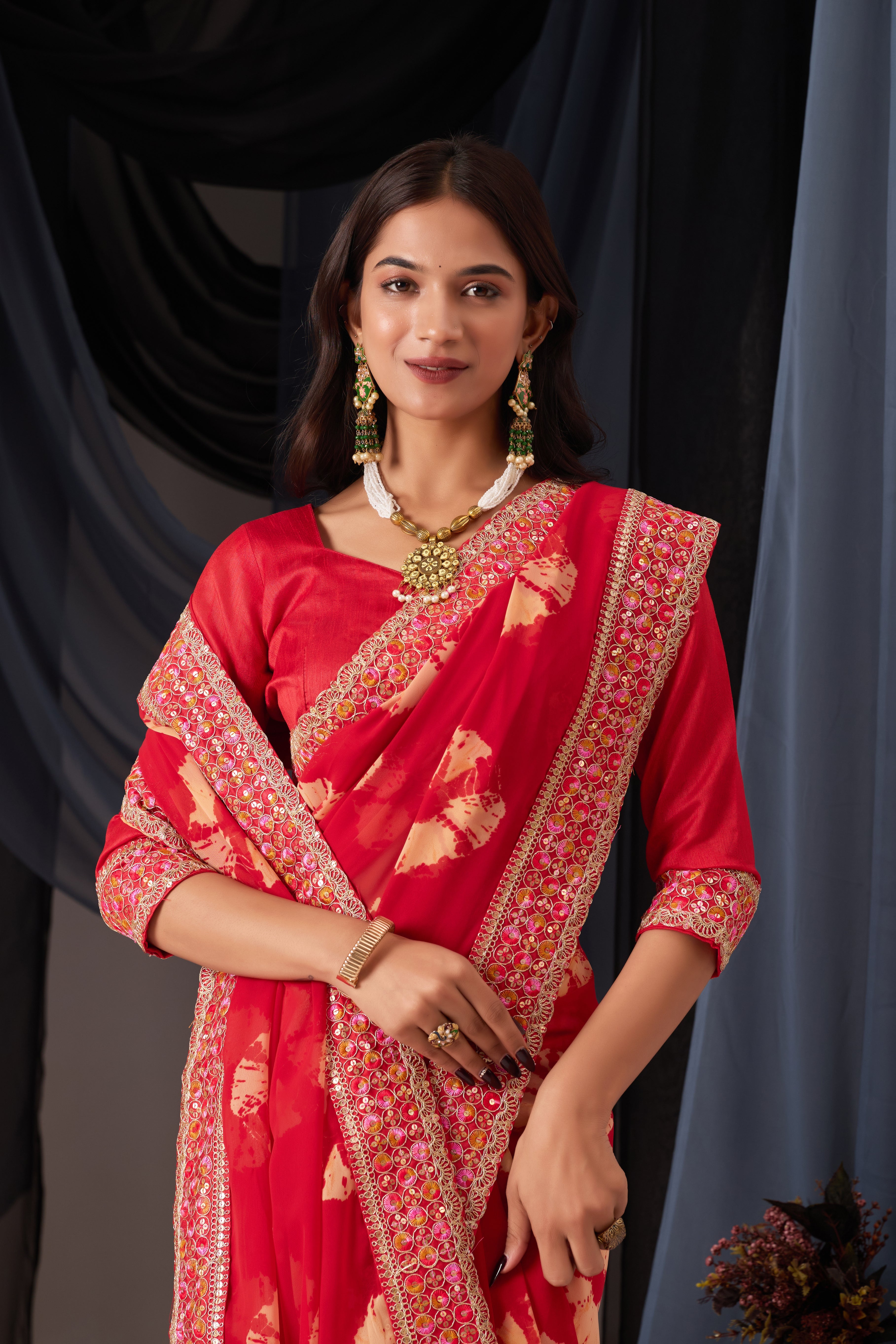 Scarlet Red Batik Georgette Saree with Embroidered Border