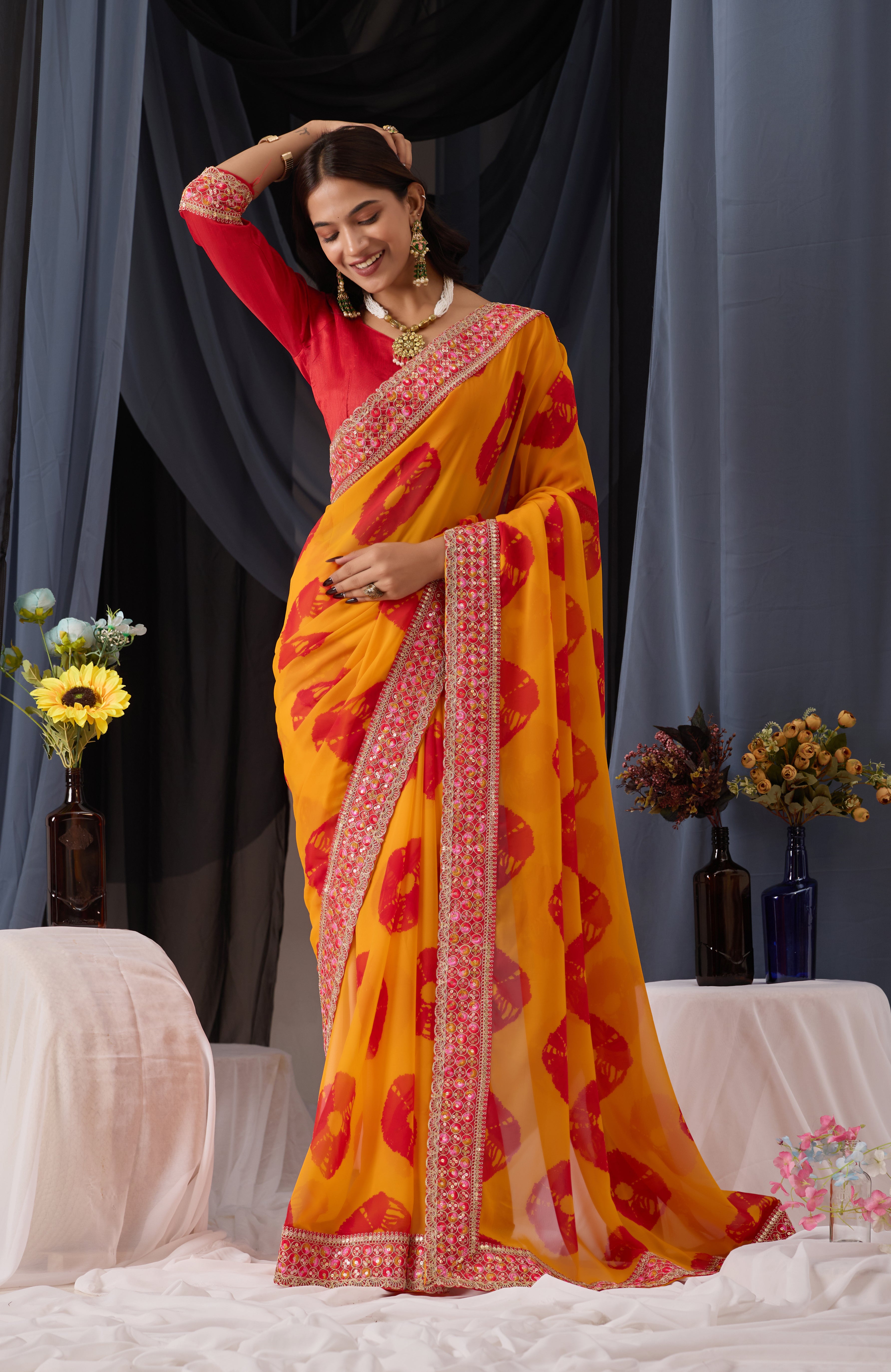 Scarlet Musted Batik Georgette Saree with Embroidered Border