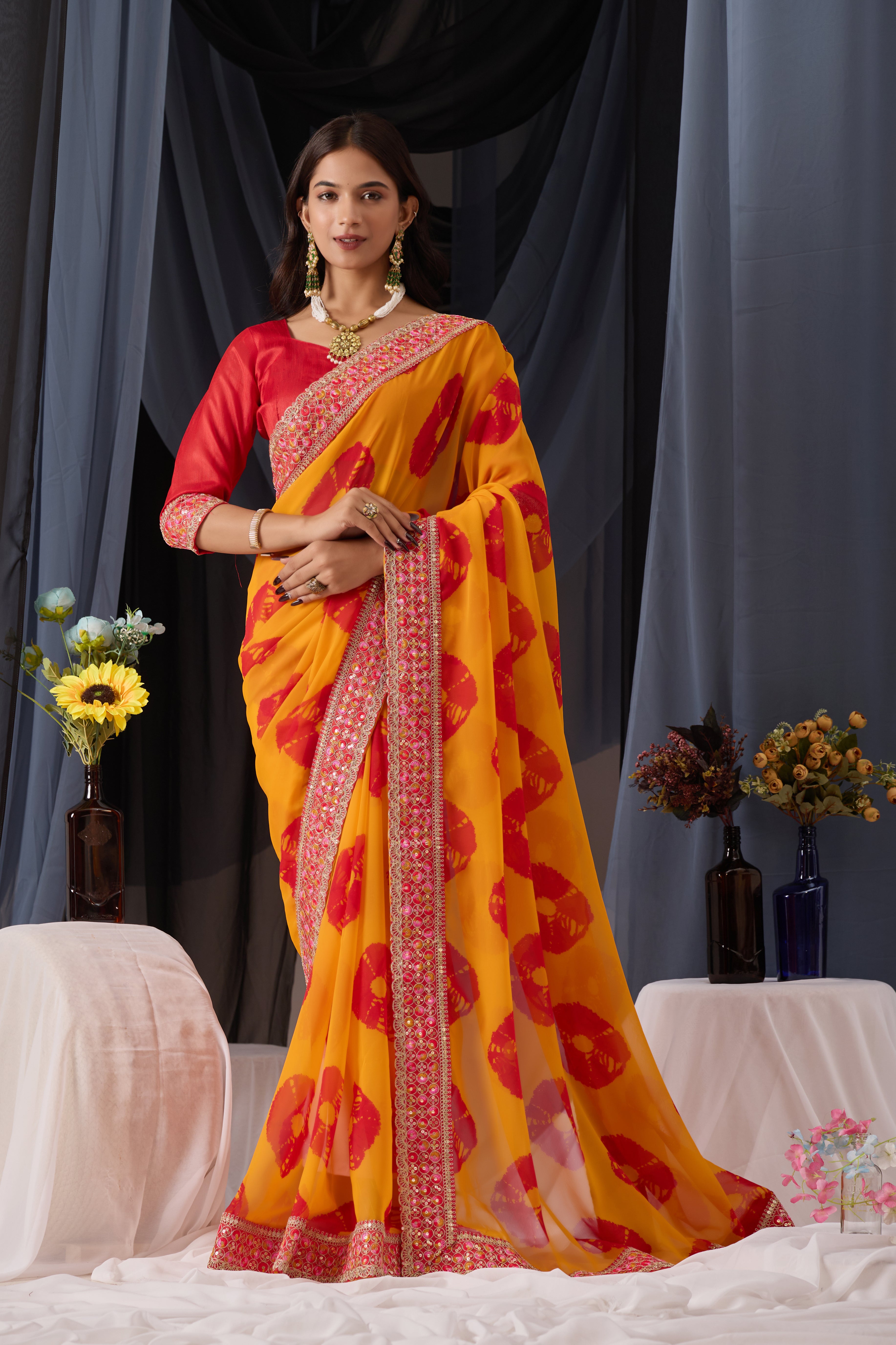 Scarlet Musted Batik Georgette Saree with Embroidered Border