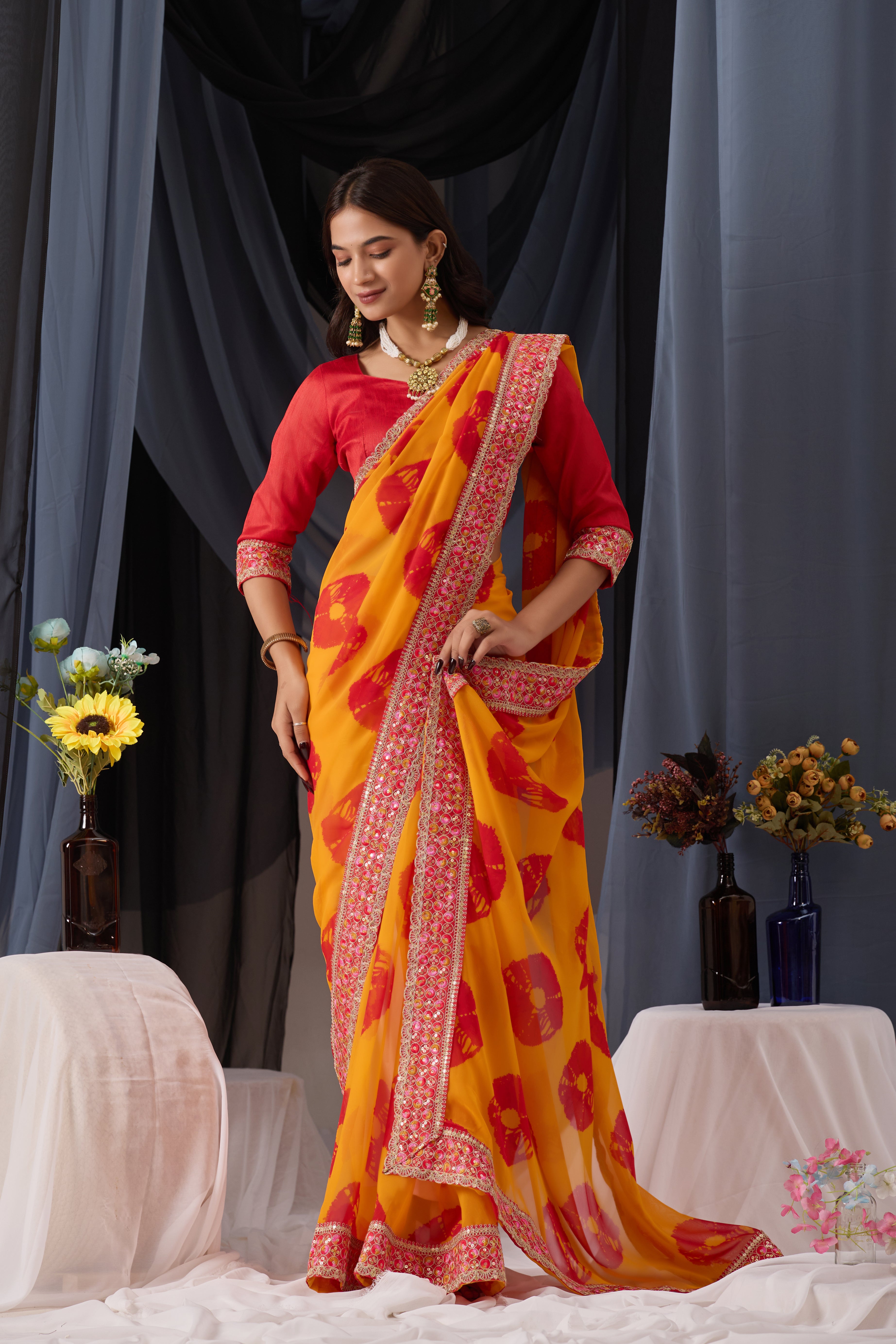 Scarlet Musted Batik Georgette Saree with Embroidered Border