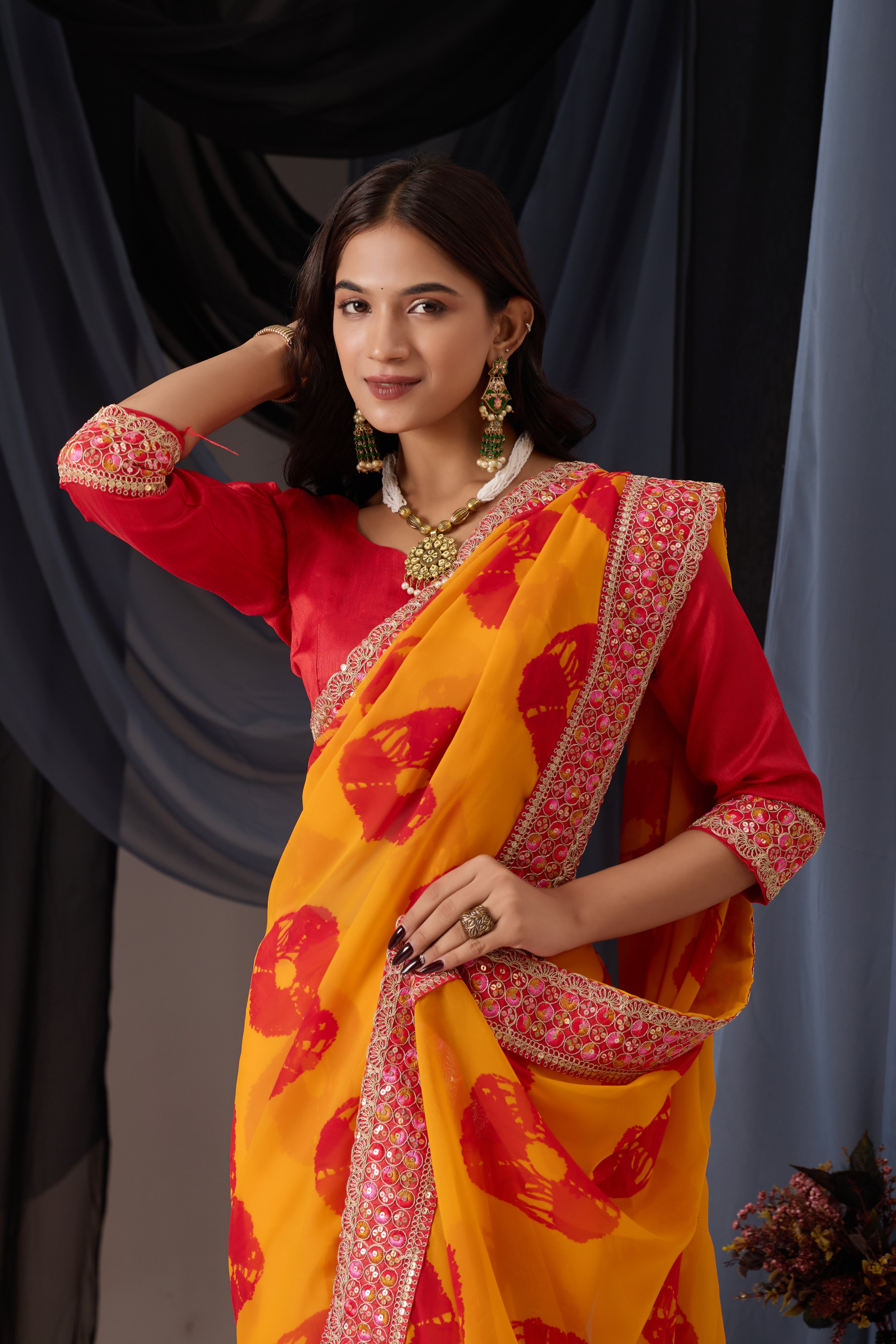 Scarlet Musted Batik Georgette Saree with Embroidered Border