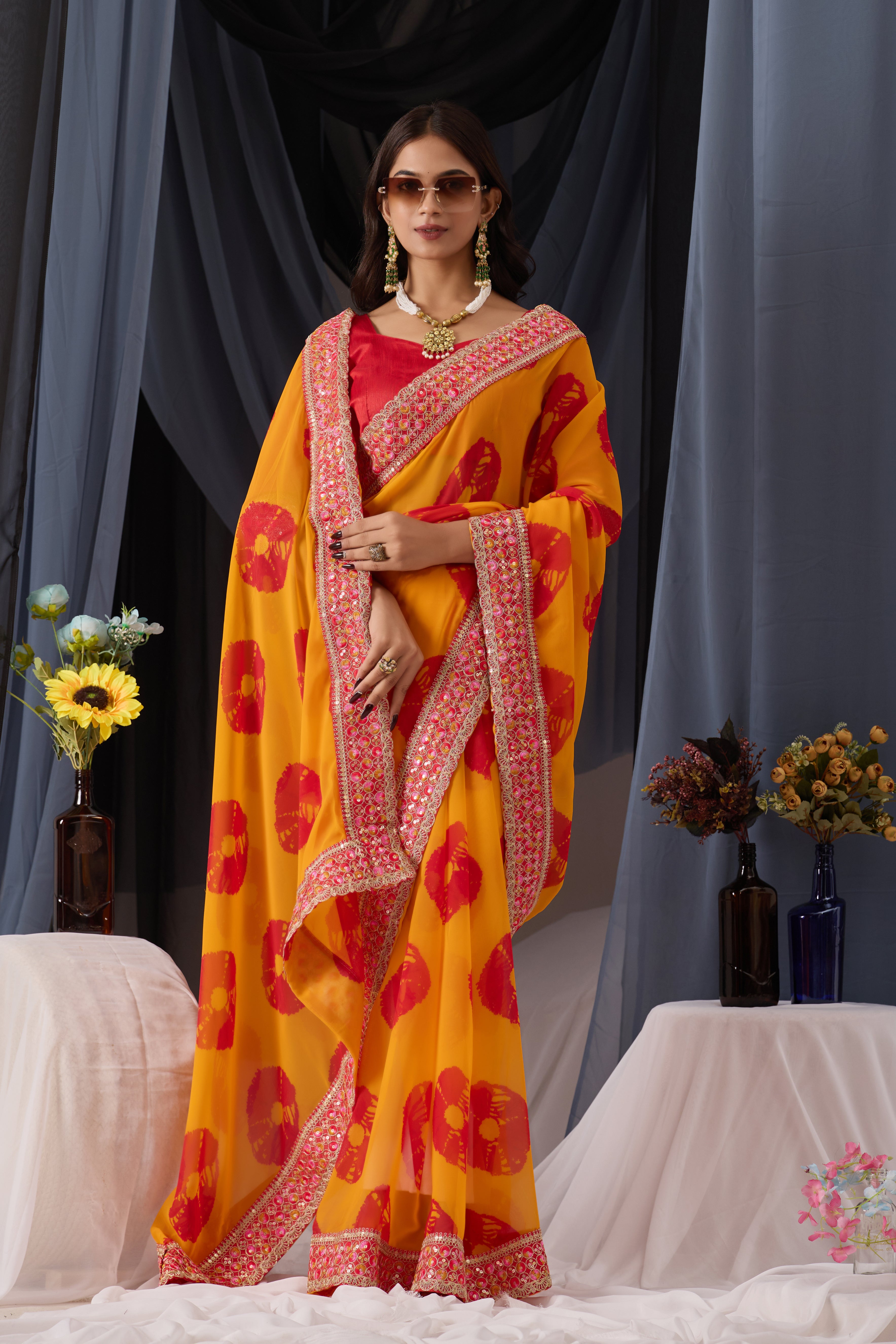 Scarlet Musted Batik Georgette Saree with Embroidered Border