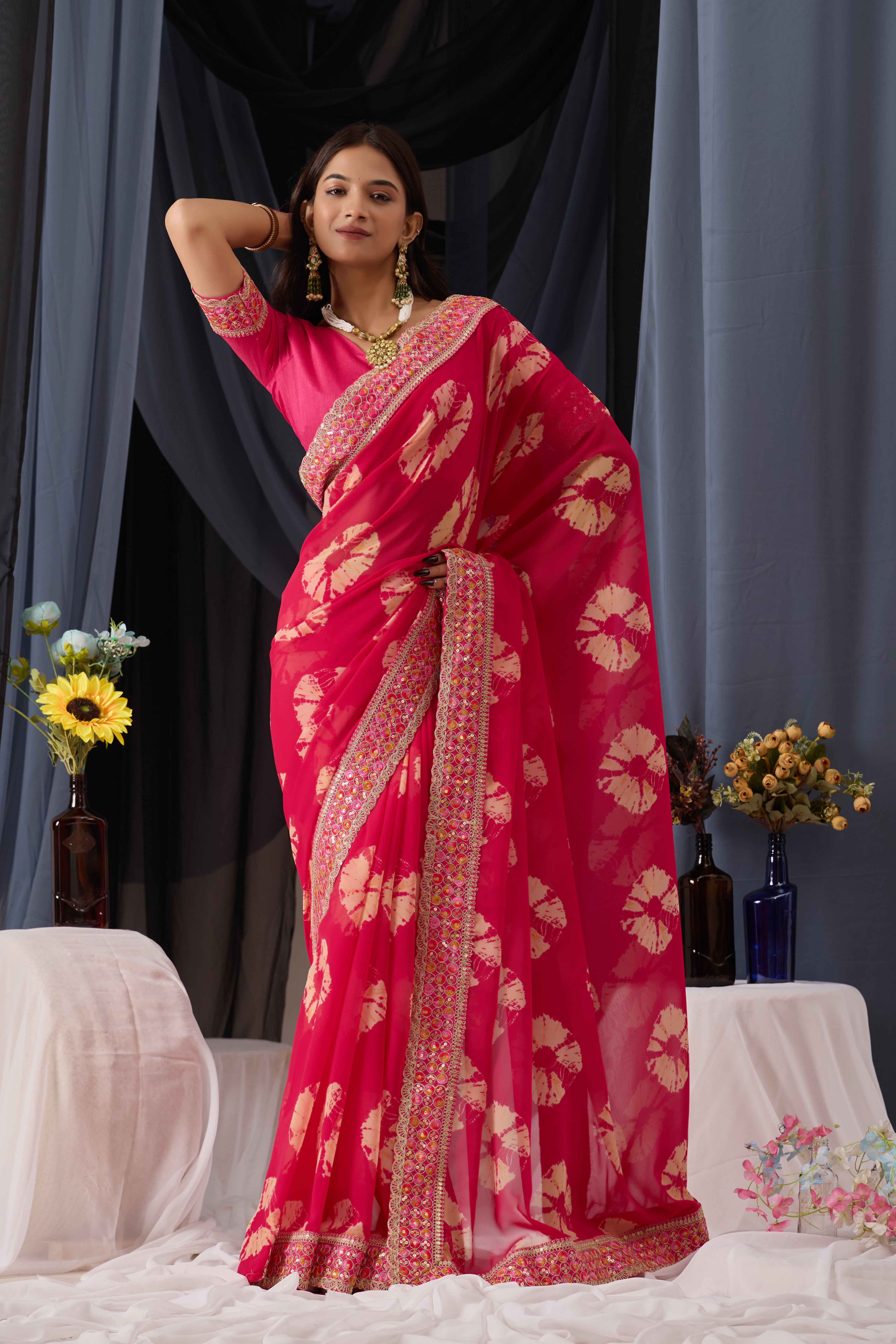 Scarlet Pink Batik Georgette Saree with Embroidered Border