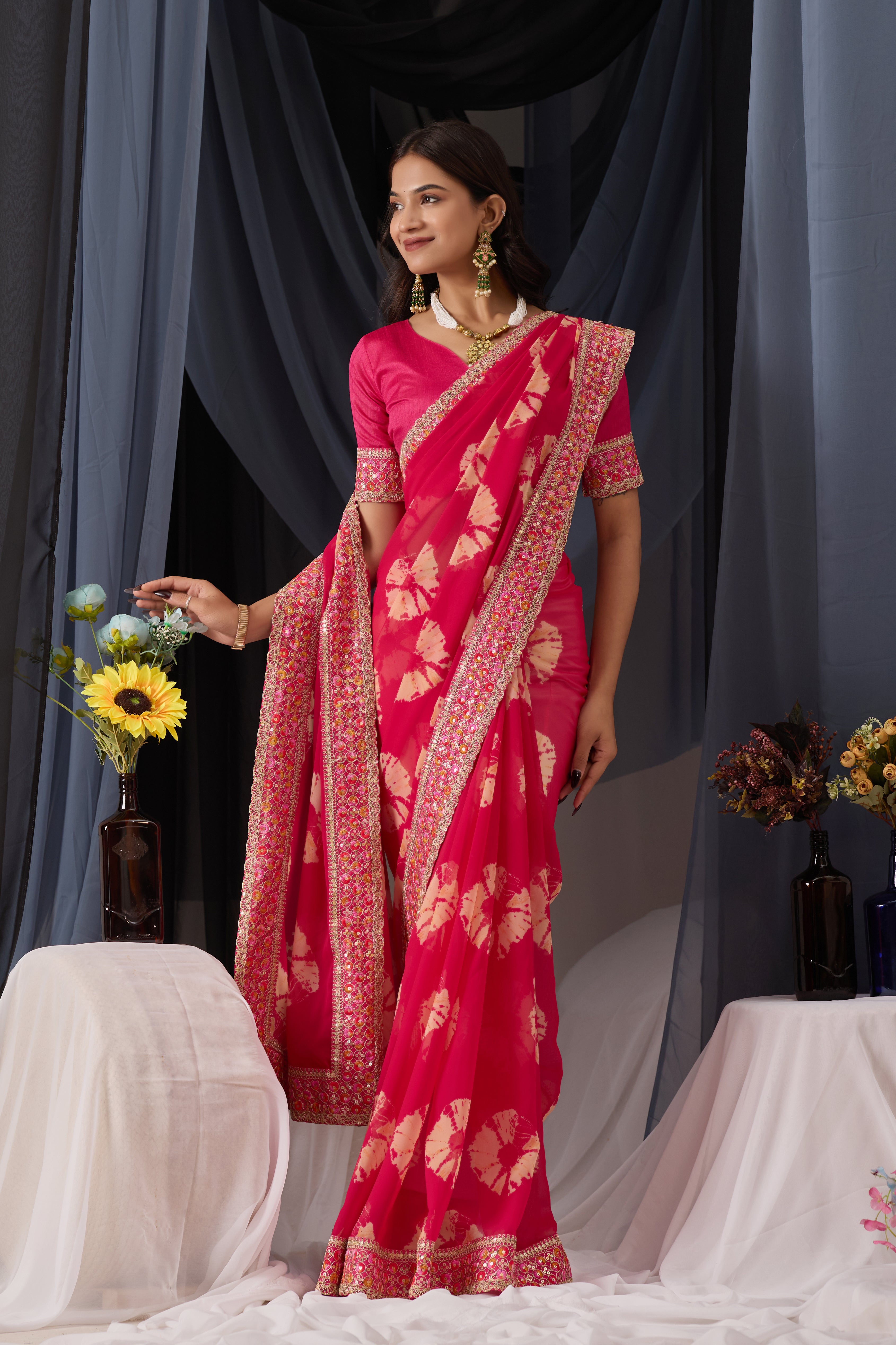 Scarlet Pink Batik Georgette Saree with Embroidered Border